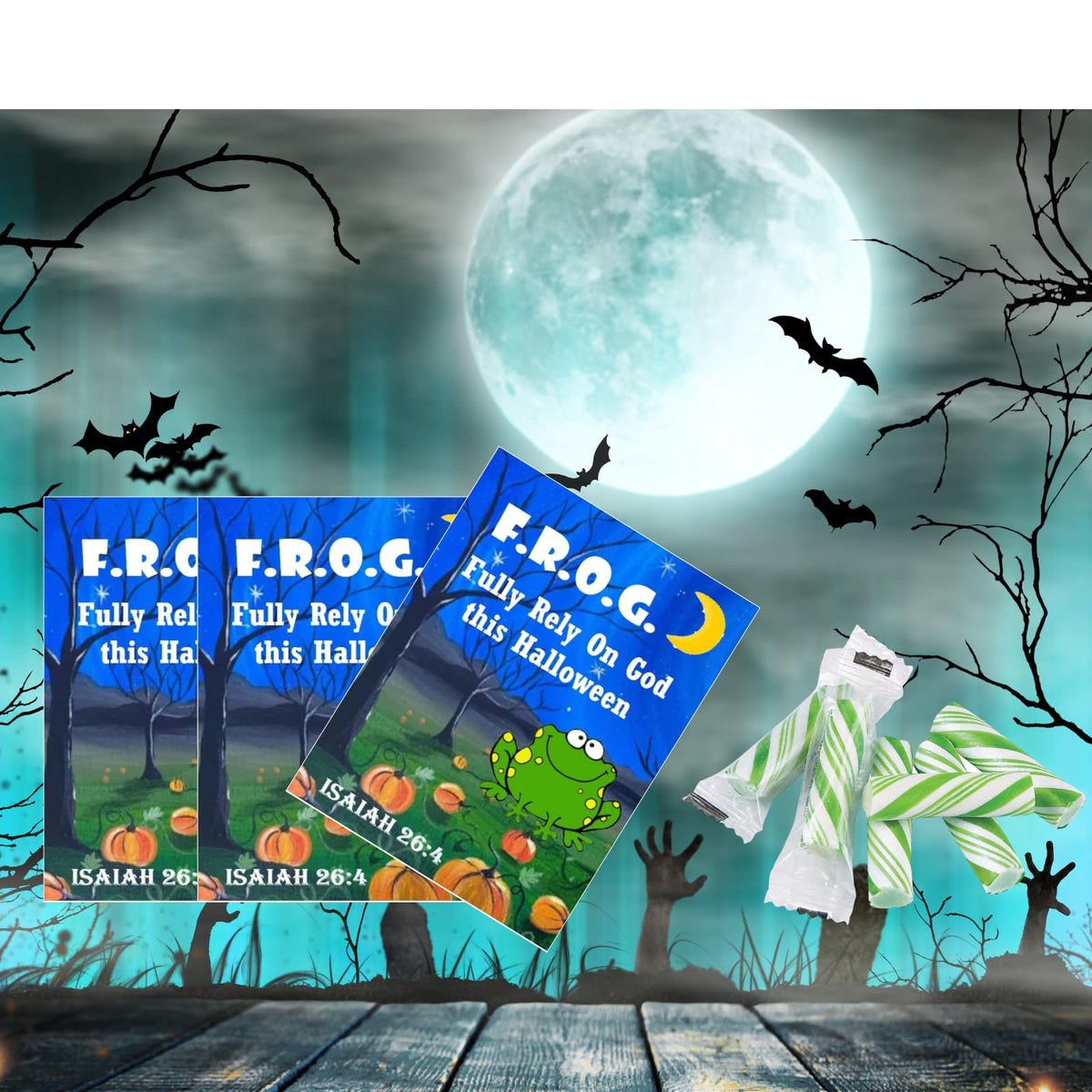 150 Bulk Sets Fully Rely On God Halloween Gospel Tracts With Green Candy Sticks
