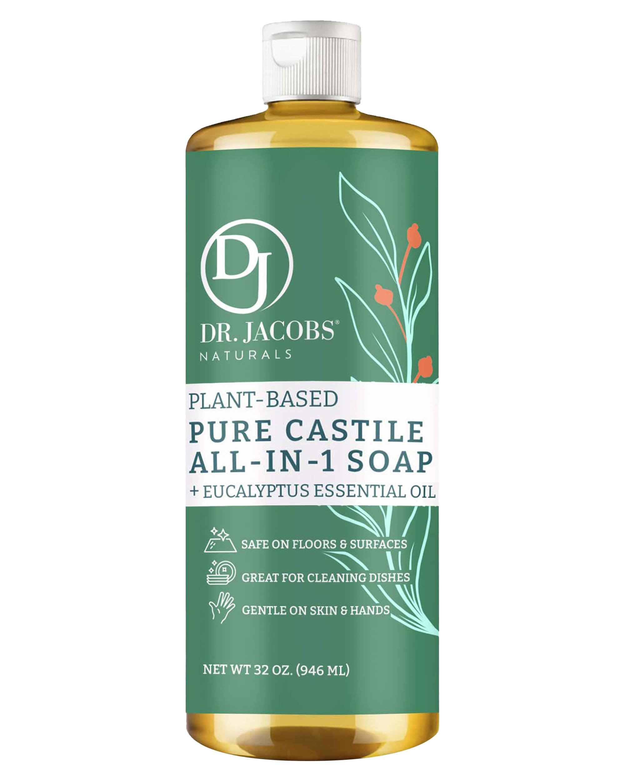 Dr. Jacobs Naturals Eucalyptus Castile All-in-One Cleaner and Soap - Plant-Based Formula for House Cleaning Floors and Appliances - Gentle on Skin