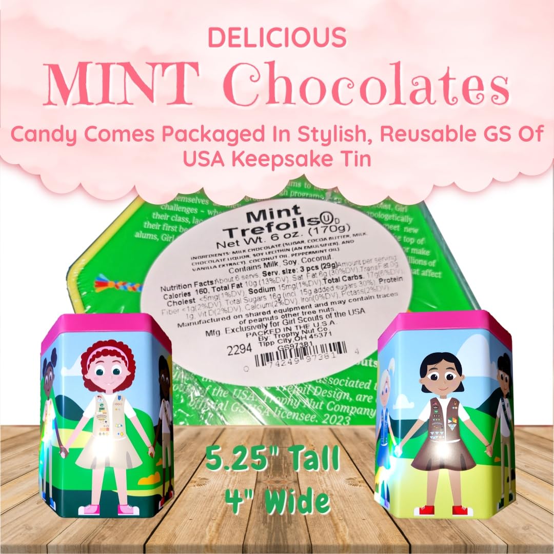 Thin Mint Trefoils 6oz Milk Chocolate Candies - GS Cookie Inspired - 17 Individually Wrapped Mint Chocolate Candy Packaged In Reusable GS Keepsake Tin