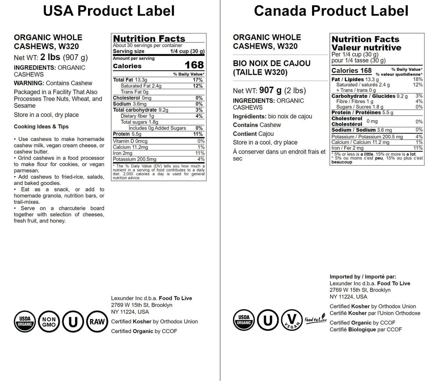Food to Live - Organic Cashews, 2 Pounds Whole, Unsalted, Non-GMO, Kosher, Raw, Vegan, Bulk