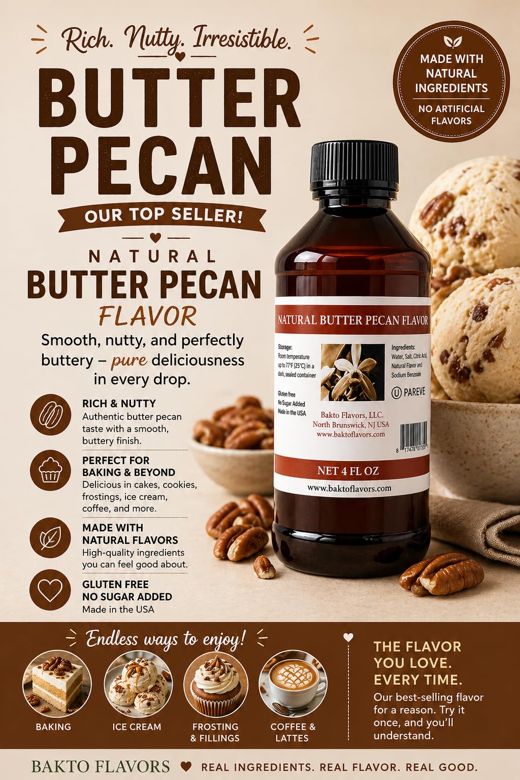 Bakto Flavors Natural Butter Pecan Flavor - 4 FL OZ