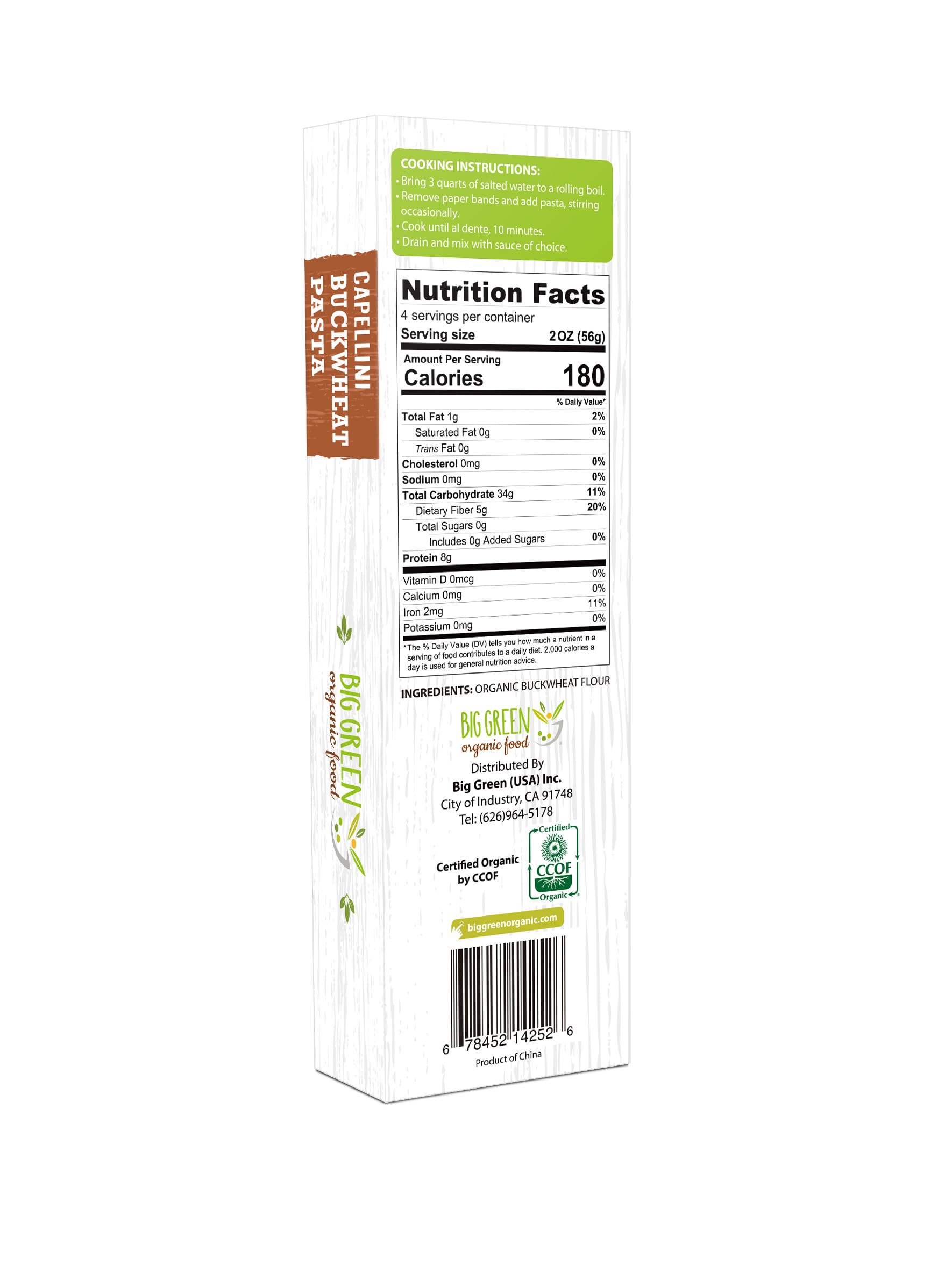 Big Green Organic Food- Organic Buckwheat Capellini, 8.8oz, 100% buckwheat, Gluten-Free, Non-GMO (1 Pack)