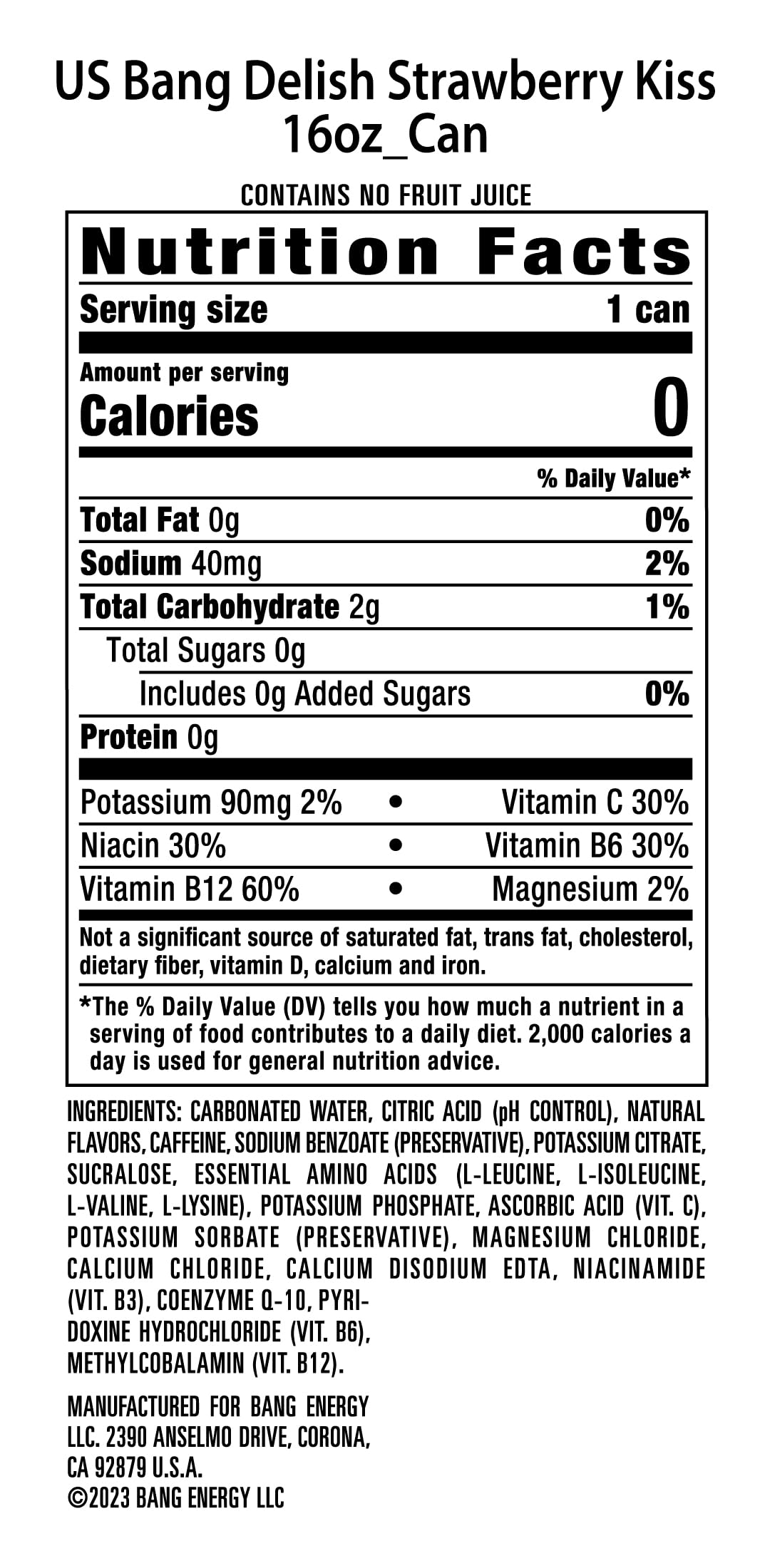 Bang Energy Delish Strawberry Kiss, Sugar-Free Energy Drink, 16 Fl Oz