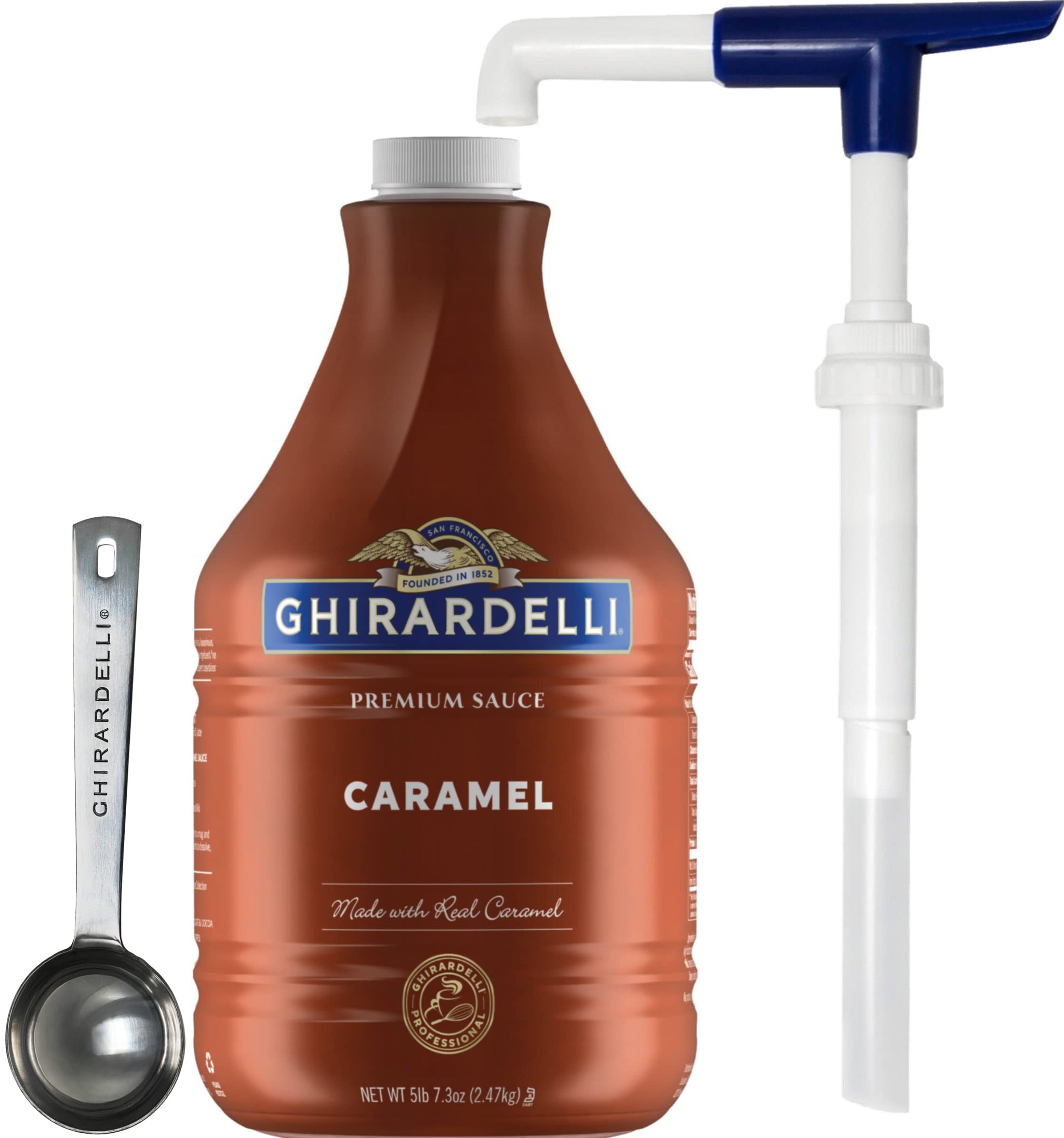 Ghirardelli Caramel Sauce, 87.3 oz (5 lb 7.3 oz) Bottle with Ghirardelli Stamped Barista Spoon & Pump