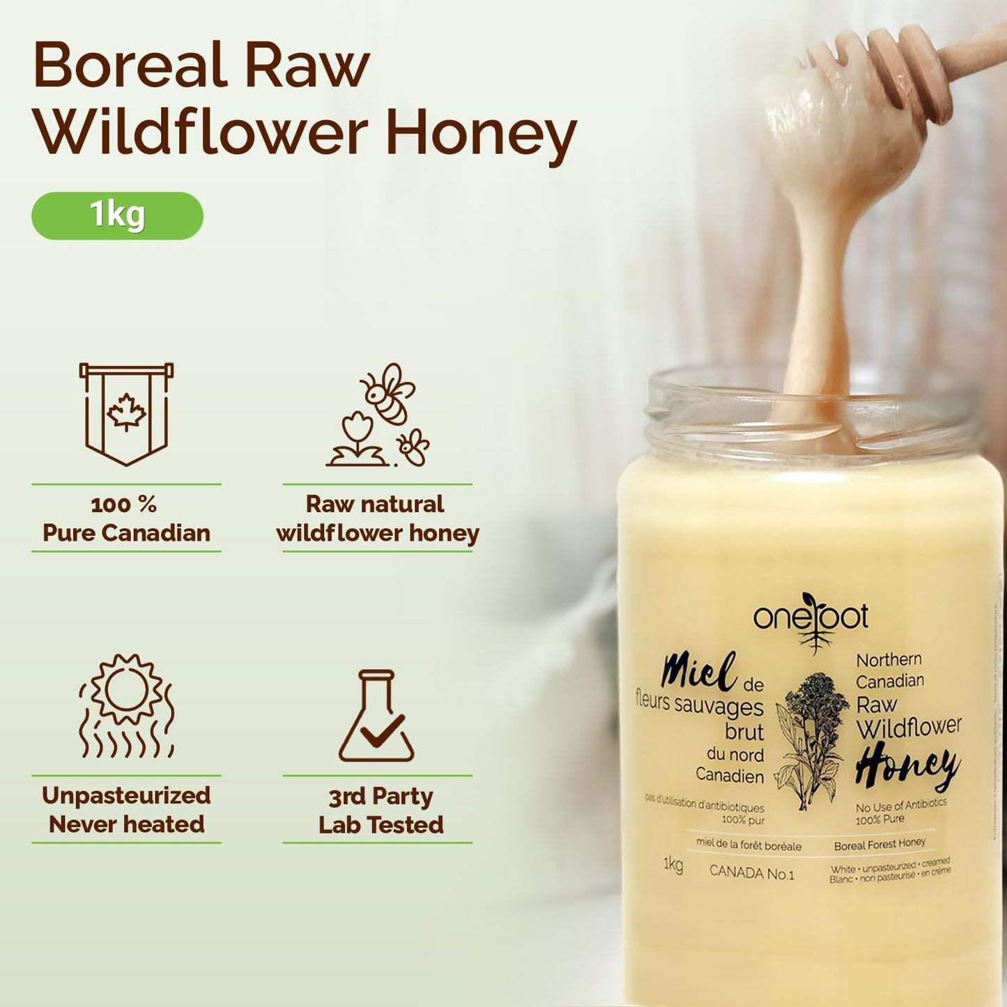Oneroot 100% Canadian Wildflower Honey - 1kg / 2.2lbs, Unheated & Creamed - Nutrient-Rich, Natural Sweetener with Enzymes - Thick & Pure Raw Unfiltered Honey