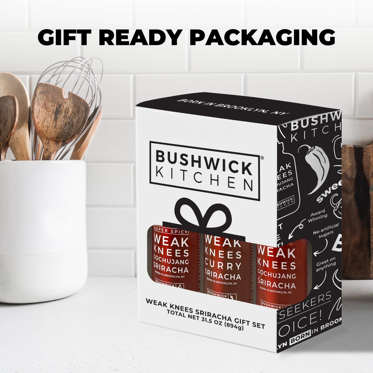 Bushwick Kitchen Sriracha Sampler Gift Box, Set Includes Gochujang Sriracha, Super Spicy Gochujang Sriracha, Curry Sriracha Hot Sauce, 5 Recipes