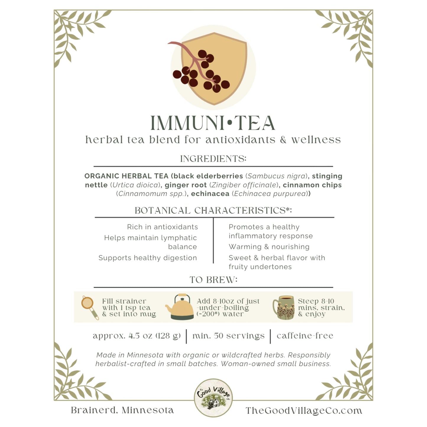 The Good Village Co. Immuni•Tea Loose Leaf Herbal Tea, Caffeine Free Botanical Blend with Elderberry, Echinacea, Ginger, Cinnamon & Stinging Nettle