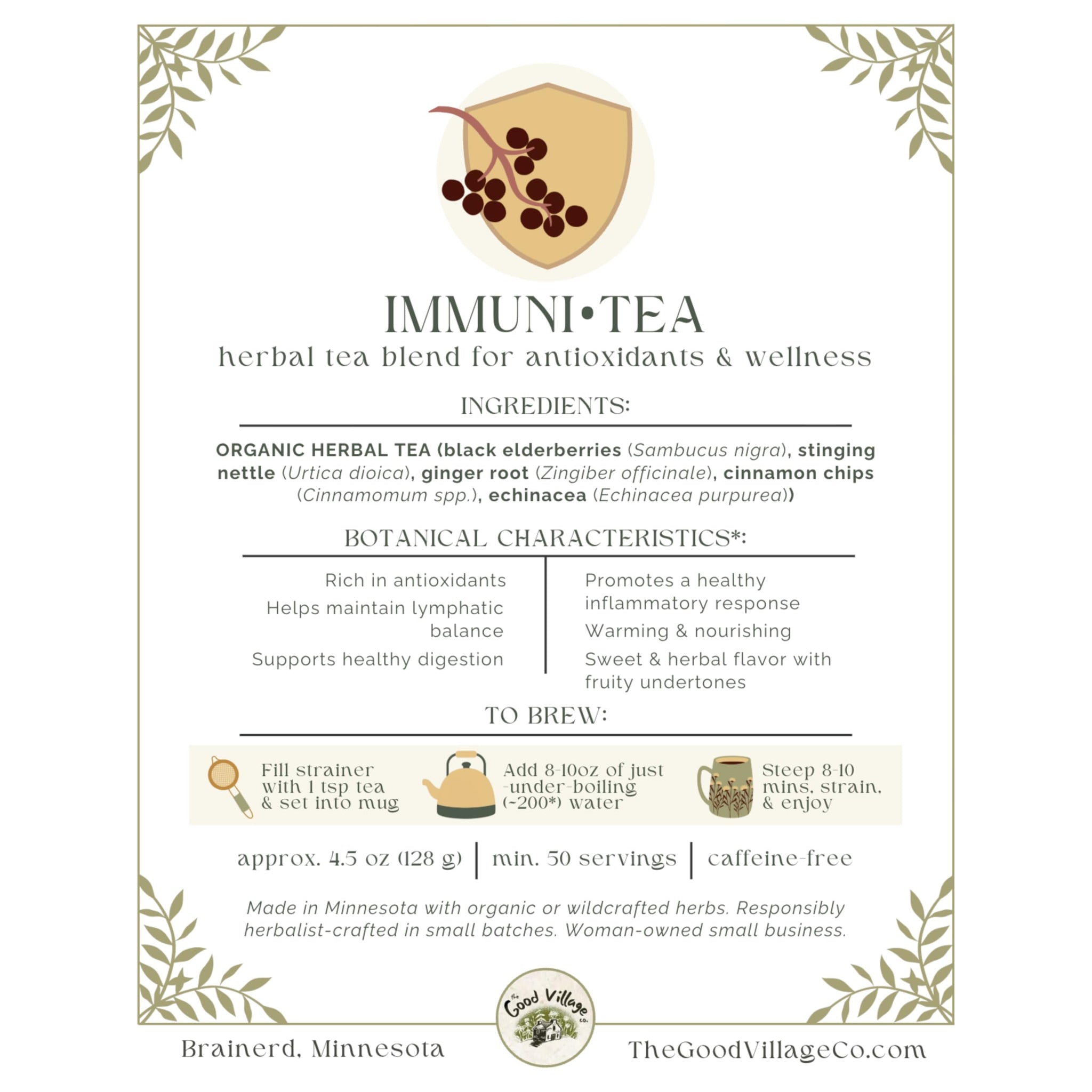 The Good Village Co. Immuni•Tea Loose Leaf Herbal Tea, Caffeine Free Botanical Blend with Elderberry, Echinacea, Ginger, Cinnamon & Stinging Nettle