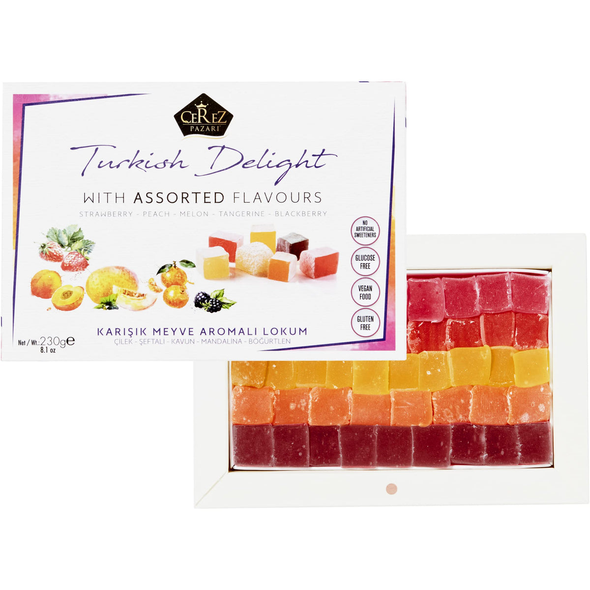 Cerez Pazari Turkish Delights Candy With Assorted Mix Flavors, Vegan Fruit Snacks Gift Box, Sweet Luxury Traditional Confectionery Lokum, Loukoumi