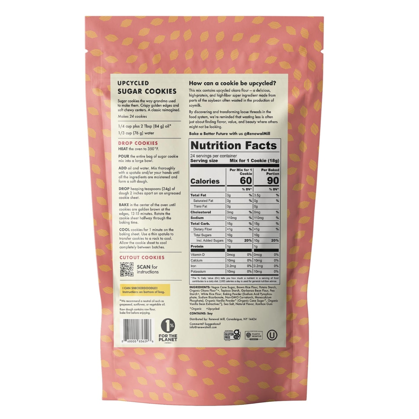 Renewal Mill Sugar Cookie Mix 15 oz, Gluten-Free, Vegan, Non-GMO, Upcycled Ingredients I Easy to Make, Only Requires Oil and Water, Kid-Friendly | Packaging May Vary