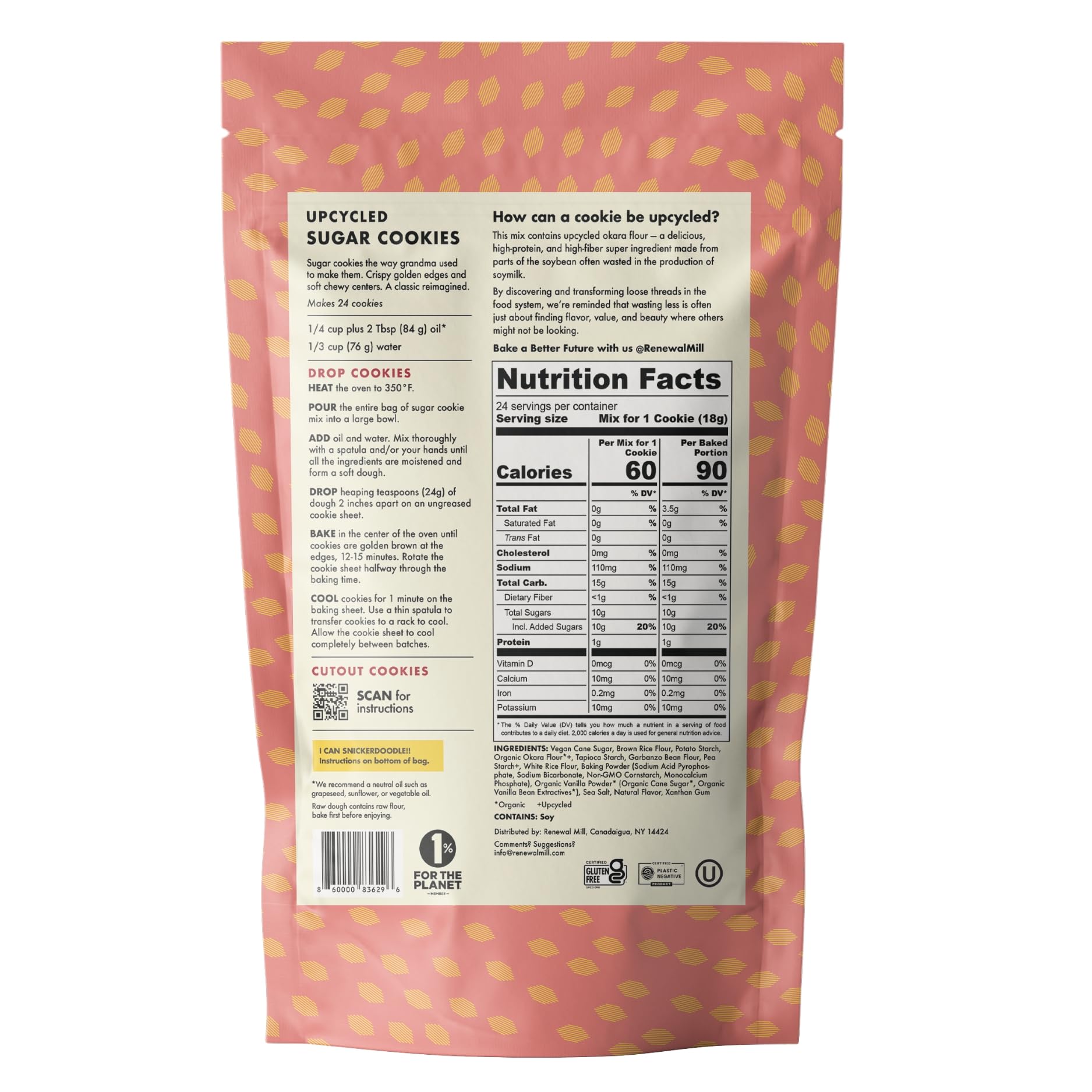 Renewal Mill Sugar Cookie Mix 15 oz, Gluten-Free, Vegan, Non-GMO, Upcycled Ingredients I Easy to Make, Only Requires Oil and Water, Kid-Friendly | Packaging May Vary
