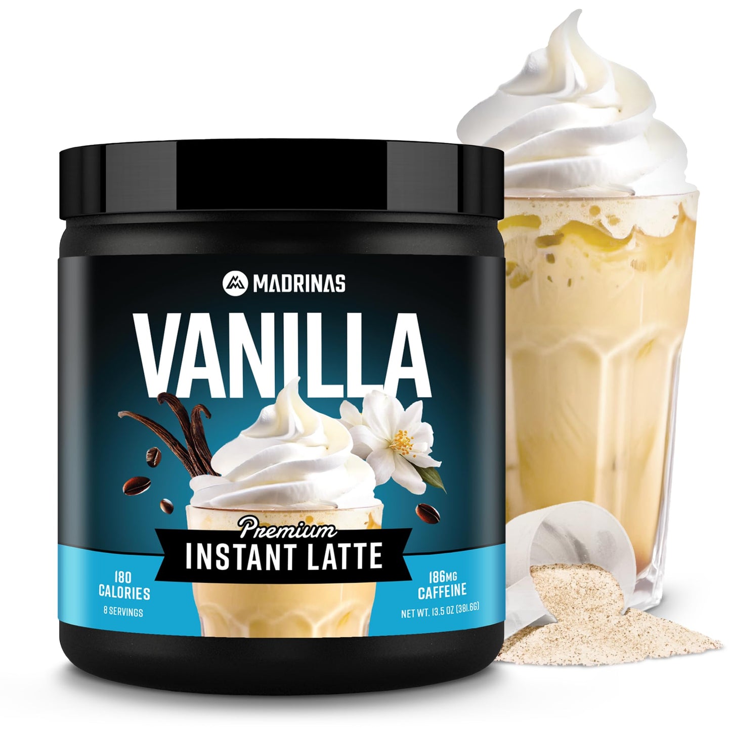 Premium All-Natural Vanilla Flavored Instant Coffee Cold Brew Latte Mix - 8 Servings - High Caffeine, Rich & Flavorful, Gluten-Free, Convenient |