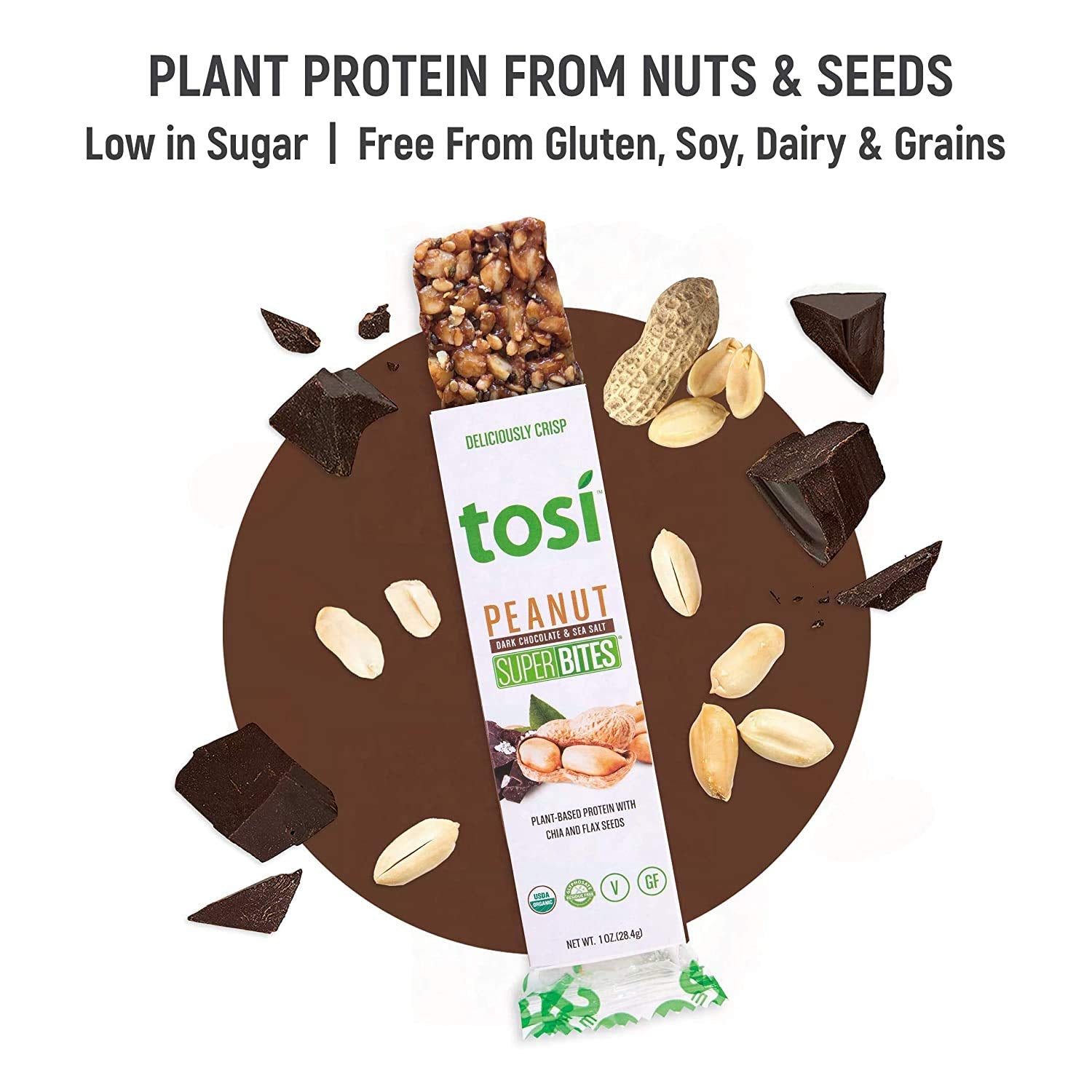 Tosi Organic SuperBites Vegan Snacks, Peanut Dark Chocolate Sea Salt, 1 Oz, Pack of 1