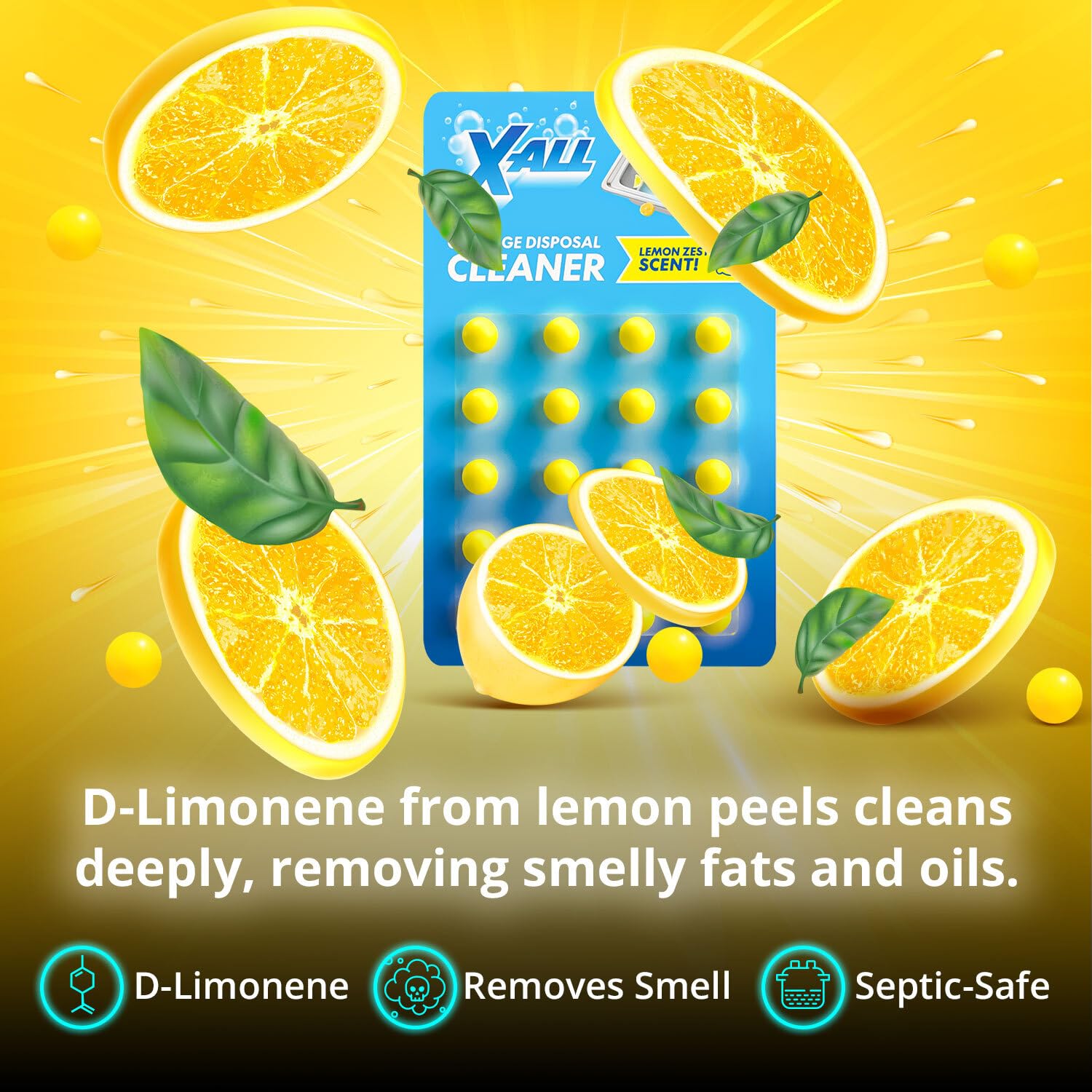 X-ALL Garbage Disposal Cleaner Deodorizer Tablets - 24 Pack, New Powerful Foaming Formula - Deep Cleaning and Odor-Eliminator with Lemon Scent