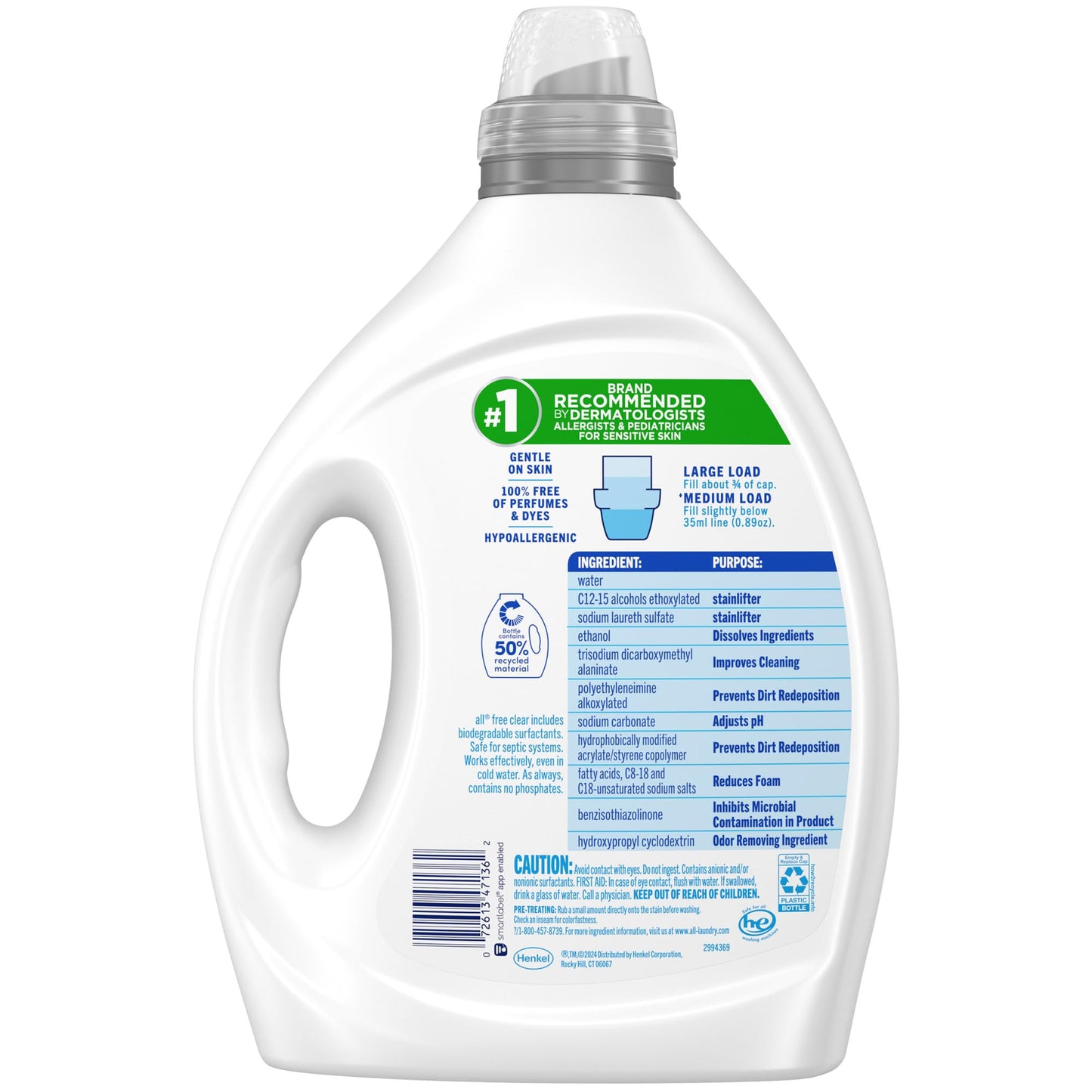 all Laundry Detergent Liquid, Free Clear for Sensitive Skin, Odor Relief, Unscented and Hypoallergenic, 2X Concentrated, 90 Loads