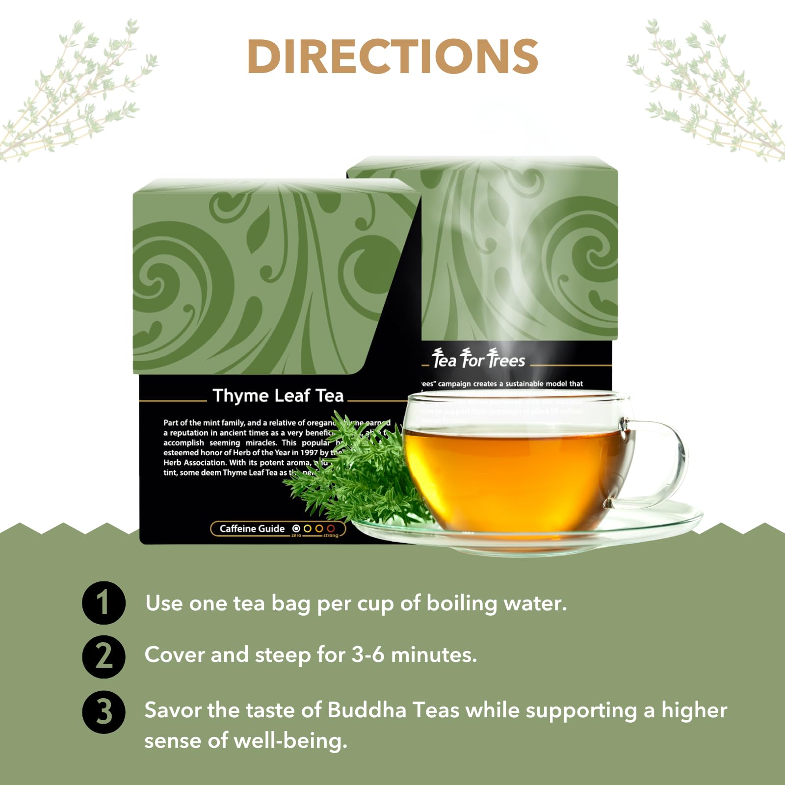Buddha Teas - Organic Thyme Leaf Tea - Herbal Tea - For Health & Wellbeing - With Antioxidants & Minerals - Clean Ingredients - Caffeine Free - OU