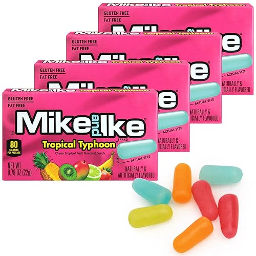 Mike and Ike Tropical Typhoon Candy, 4 Pack of Candy Boxes 0.78OZ Each, Ideal Mike and Ike Candy for Your Favorite Films, Perfect Candy for Sharing