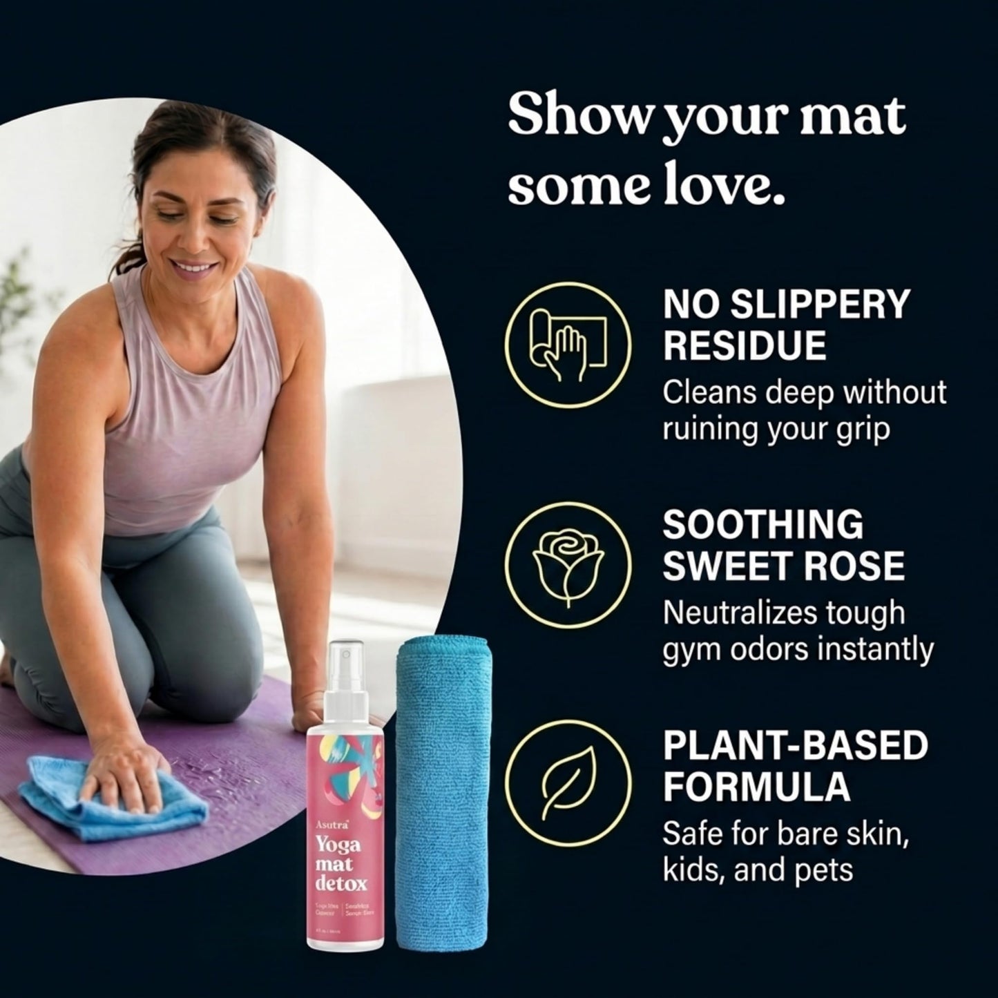 ASUTRA Yoga Mat Cleaner Spray (Soothing Sweet Rose), 4 fl oz - No Slippery Residue, Organic Essential Oils, Deep-Cleansing for Fitness Gear & Gym