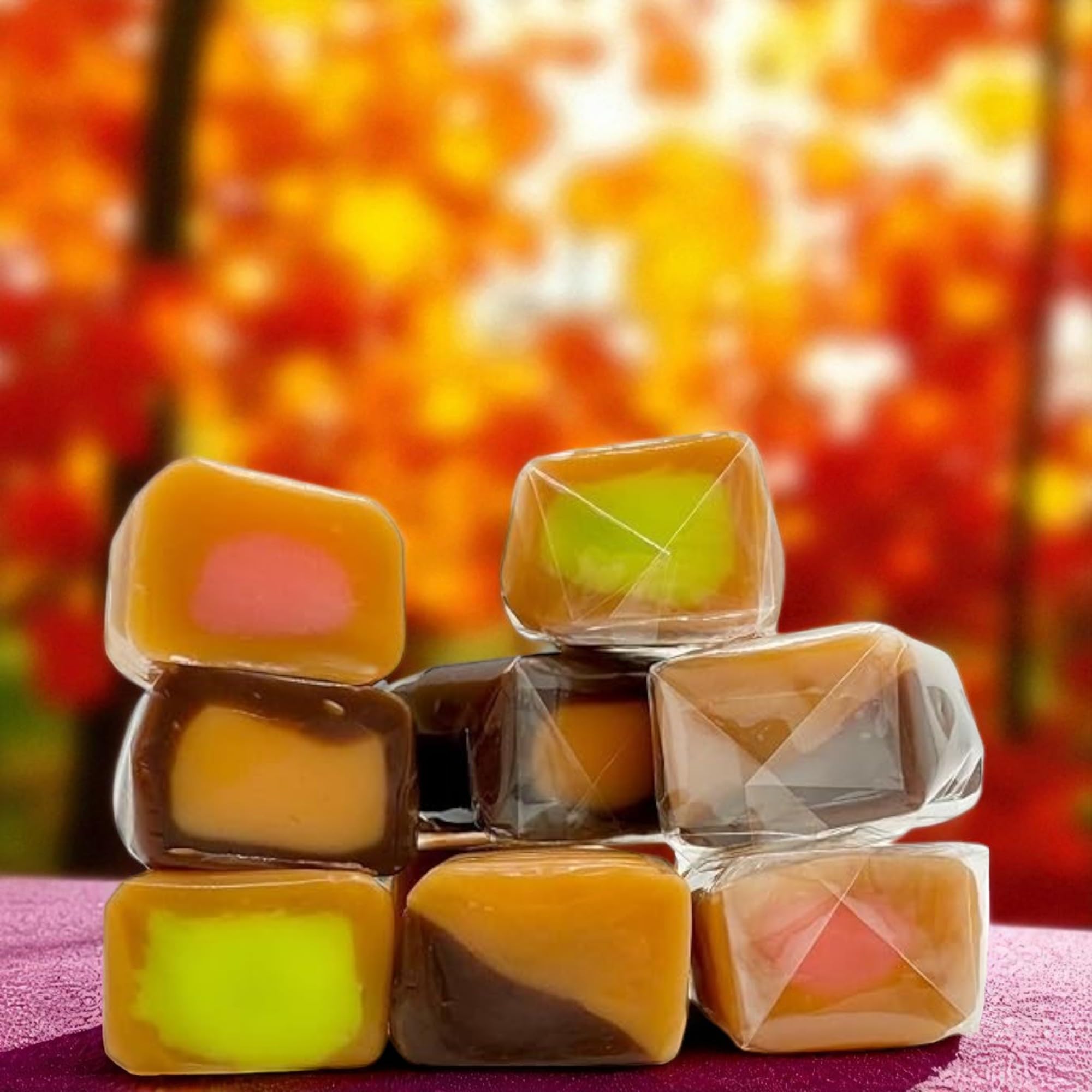 Decadent Caramel Cubes Assorted Flavors-,1.5 lbs Filled Creamy Caramels Apple, Strawberry, Vanilla Chocolate, and Creamy Orange- Individually Wrapped