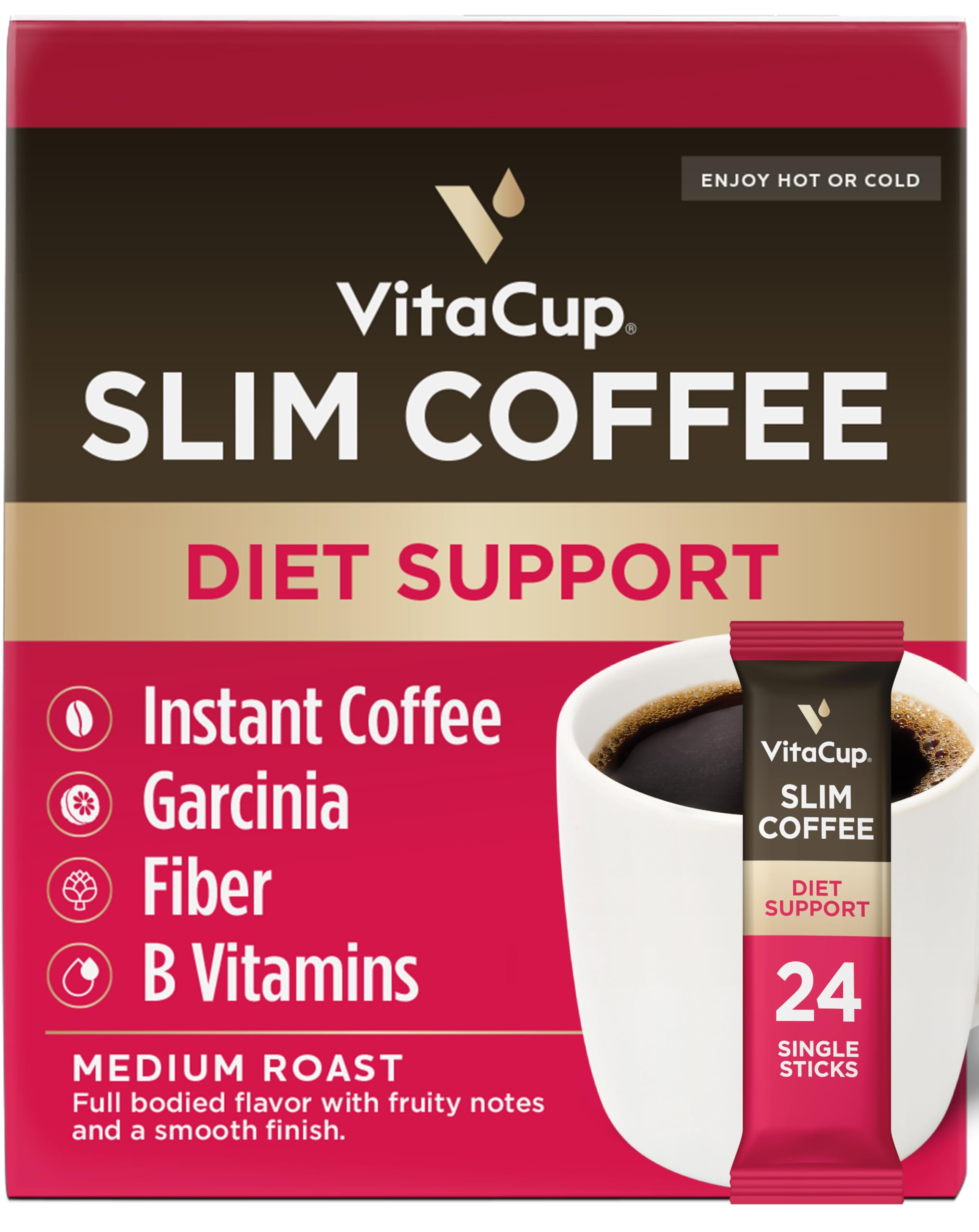 VitaCup Slim Instant Coffee Packets, with Garcinia, Fiber, B Vitamins, Bold & Smooth, Medium Dark Roast, 100% Arabica Coffee in Single Serve Sticks