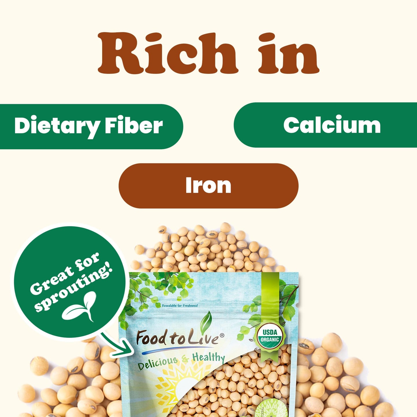 Food to Live Organic Soybeans, 5 Pounds - Dry Soy Beans, Pure and Natural, Nutritious Snack, High-Protein, Perfect for Soy Milk, Tofu, Cooking, Baking