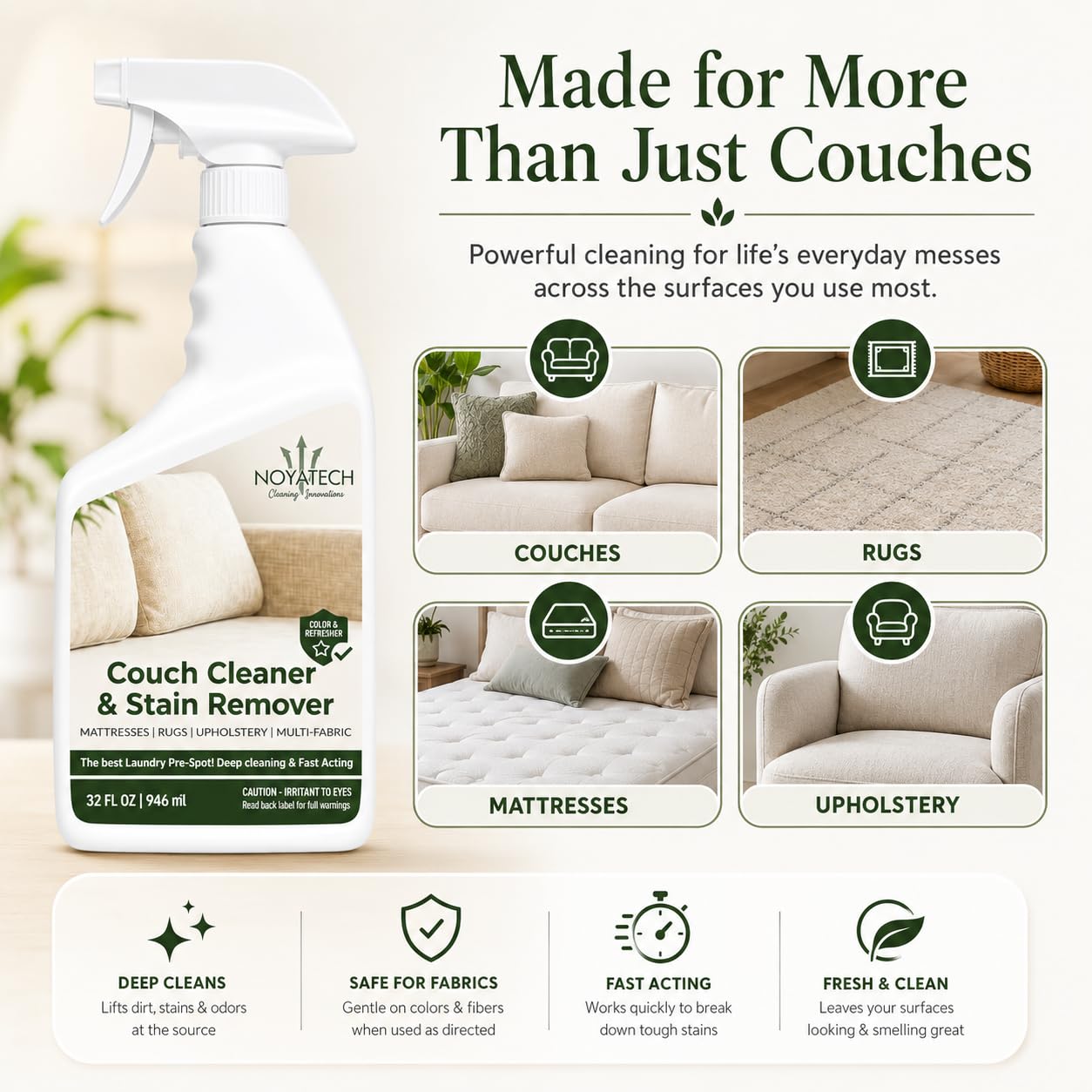 NOYATECH Travel size Couch Cleaner and Stain Remover. For sofas, car upholstery, carpets, rugs, mattresses, dining chairs, all Fabrics. Safe, for kids