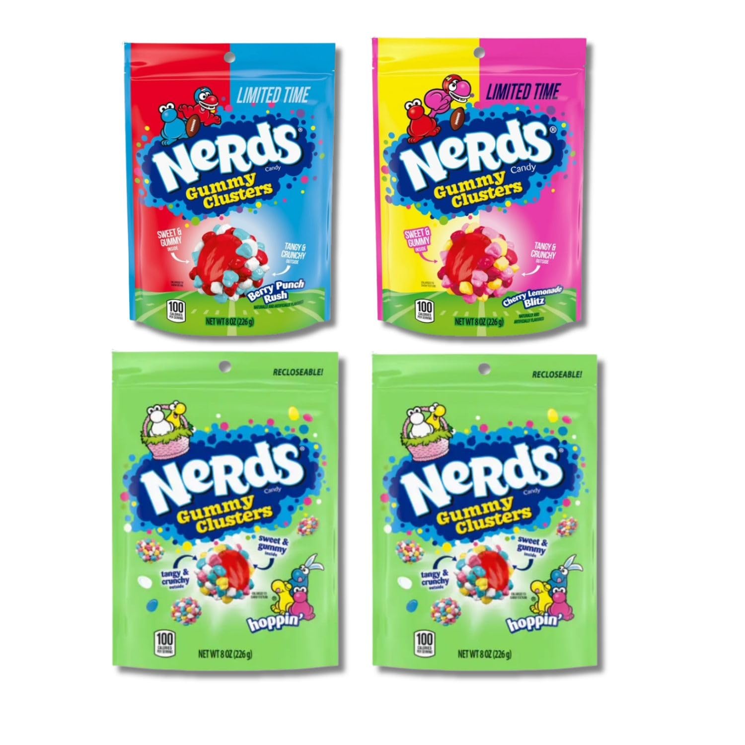 NERDS Gummy Clusters Easter Variety Bundle - Berry Punch Rush, Cherry Lemonade Blitz & Hoppin 9 oz Pouches - 4 Pack