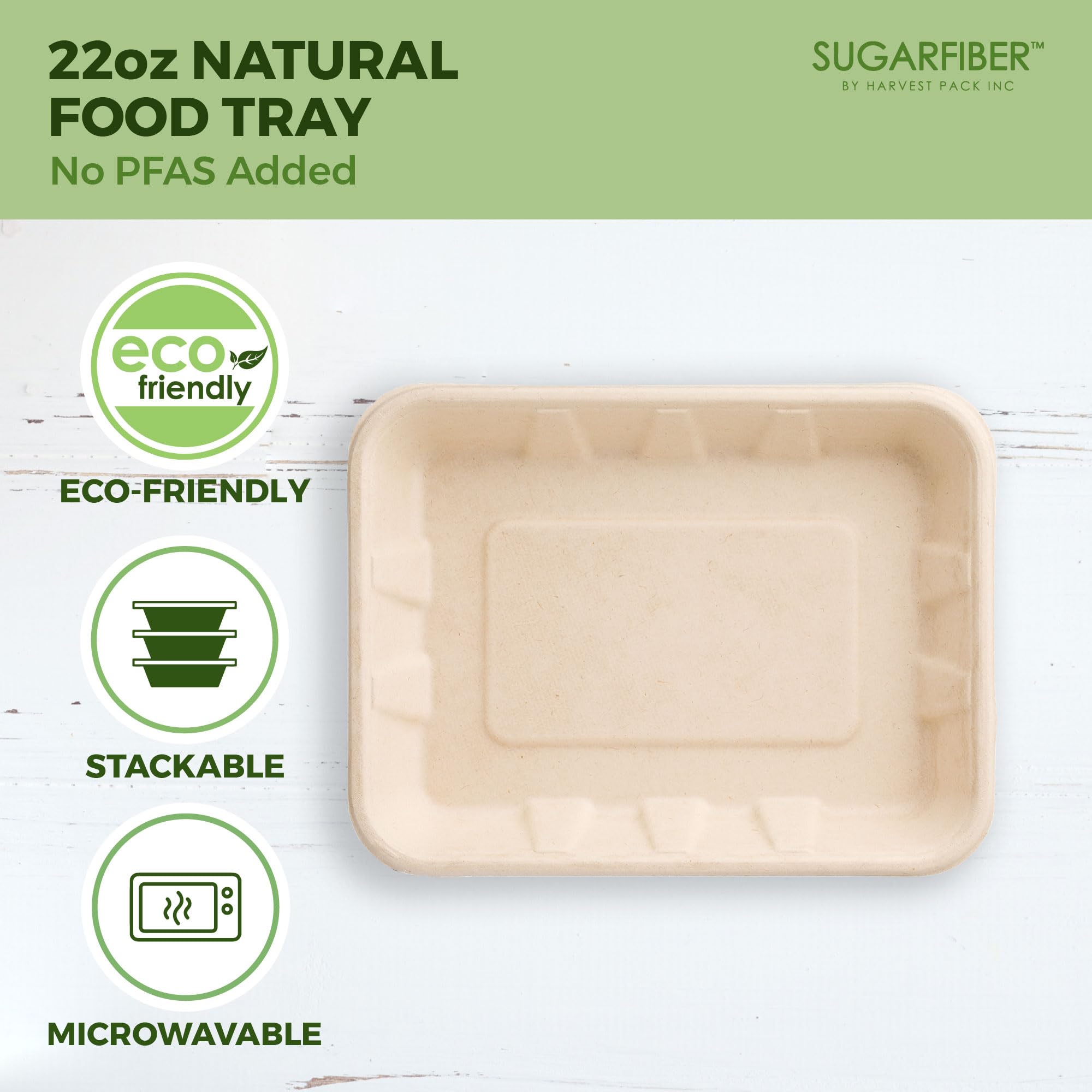 [100 COUNT]Harvest Pack 22 oz Compostable Food Trays, 8.49" x 6.45" x 1.3" Disposable PFAS FREE Food Container, Bagasse Serving Paper Plates