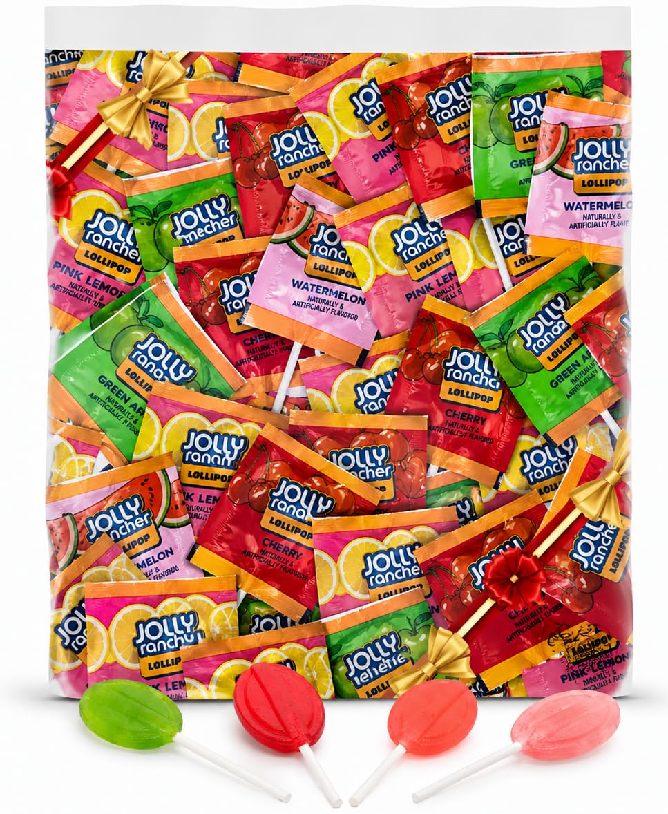 Jolly Ranchar Lollipops Assorted Flavors - Bulk Pack (65 Count) - Individually Wrapped Hard Candy Pops - Cherry, Green Apple, Watermelon & Pink