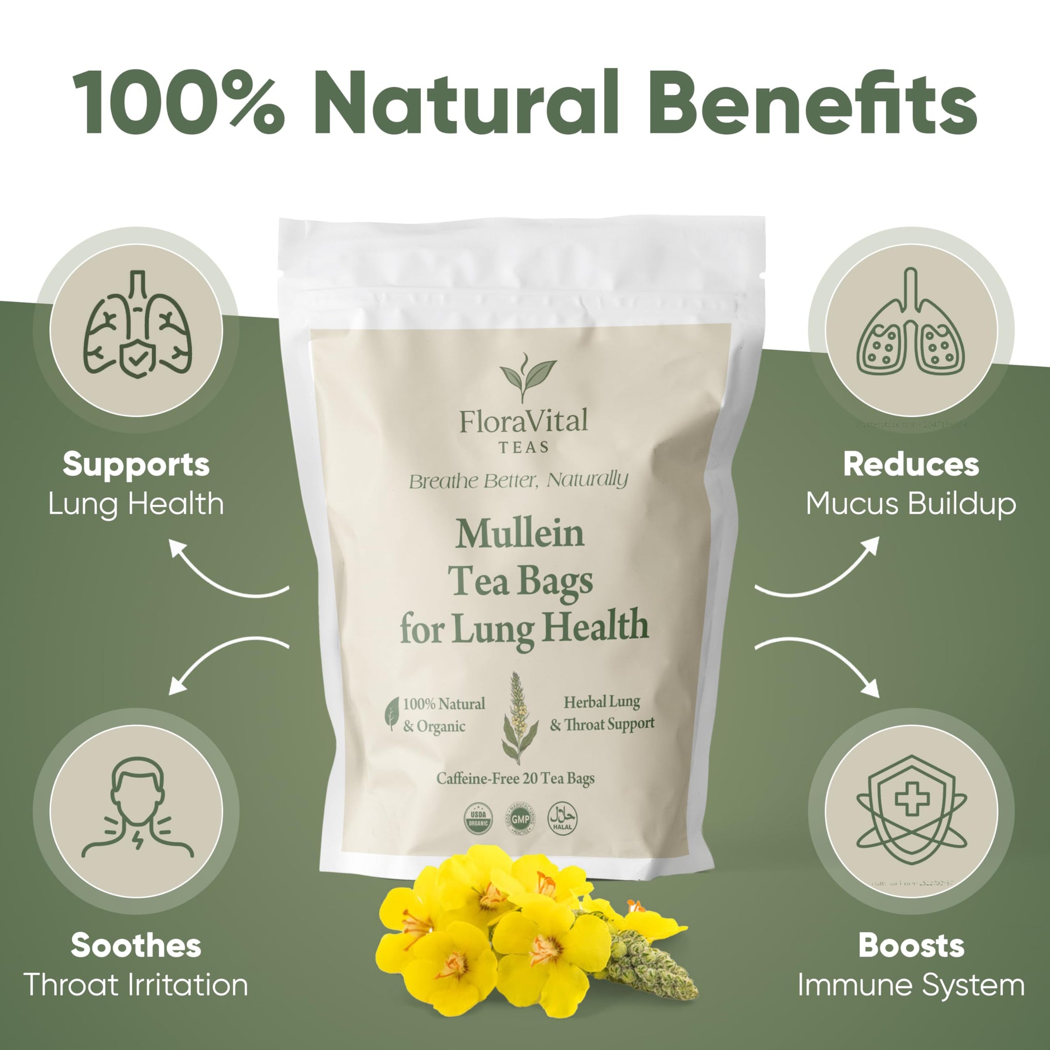 FloraVital Organic Mullein Tea | 100% Pure Mullein Leaf | Lung & Respiratory Support | Caffeine Free | No Fillers | Herbal Tea