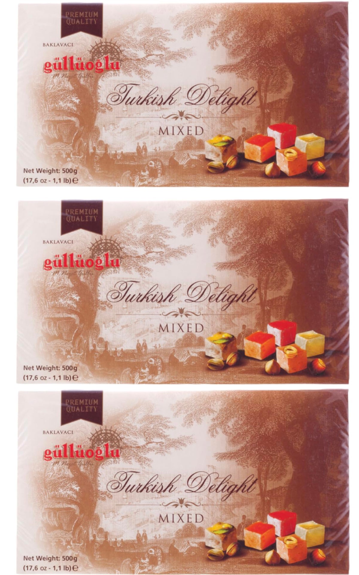 Gulluoglu Turkish Delight Mixed, 3 PACK, each pack 500 gr - 1.1 lb, daily fresh shipment from Istanbul/Turkey