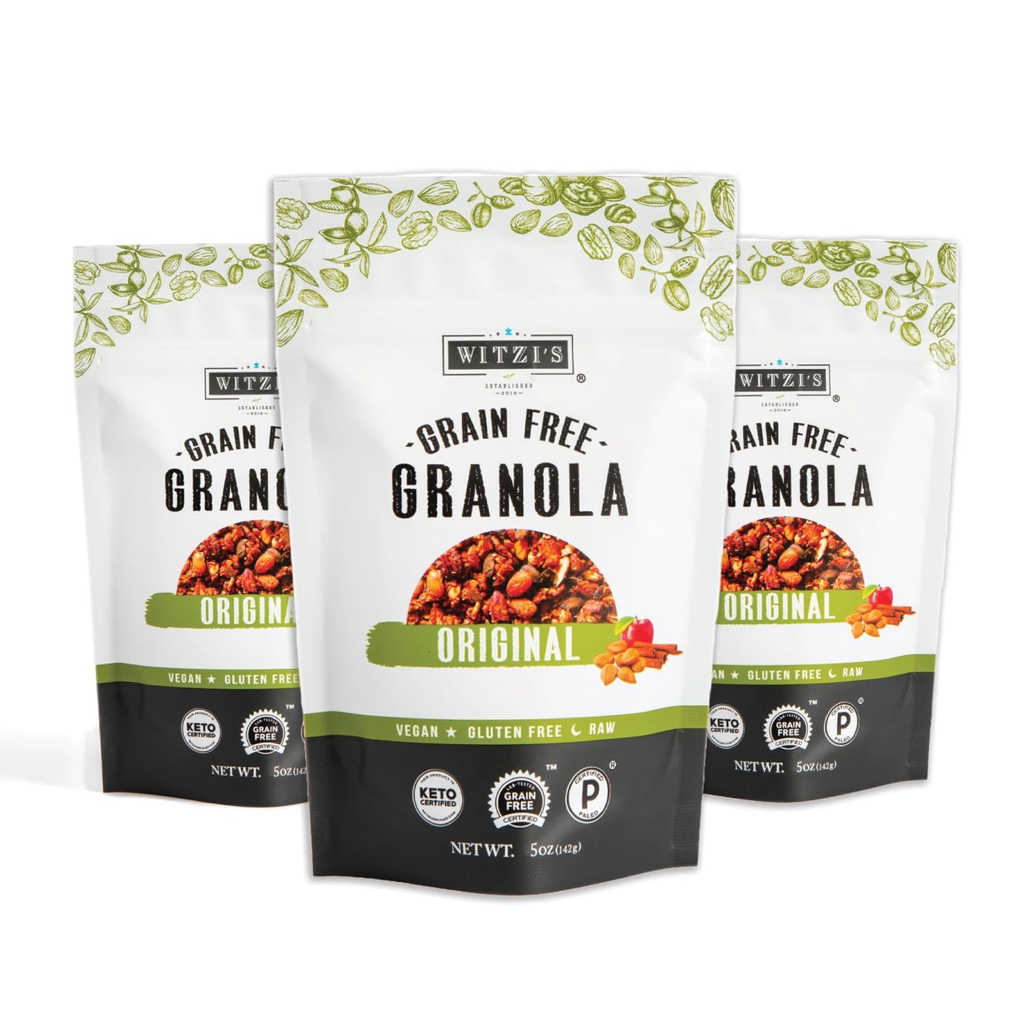 Witzi's Grain Free Granola, Original, 5oz (Pack of 3), Made with Almonds, Apples & Cinnamon, Vegan, Keto, Gluten Free, Healthy Snack