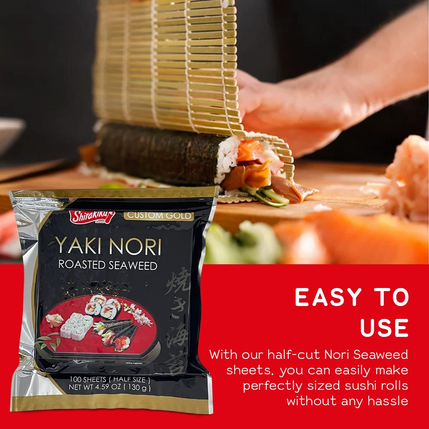Shirakiku Roasted Yaki Nori - Japanese Seaweed sheets for Sushi Rolls - Perfect for Sushi and other Japanese Cuisine - 4.59 OZ (Custom Gold, 100 Half