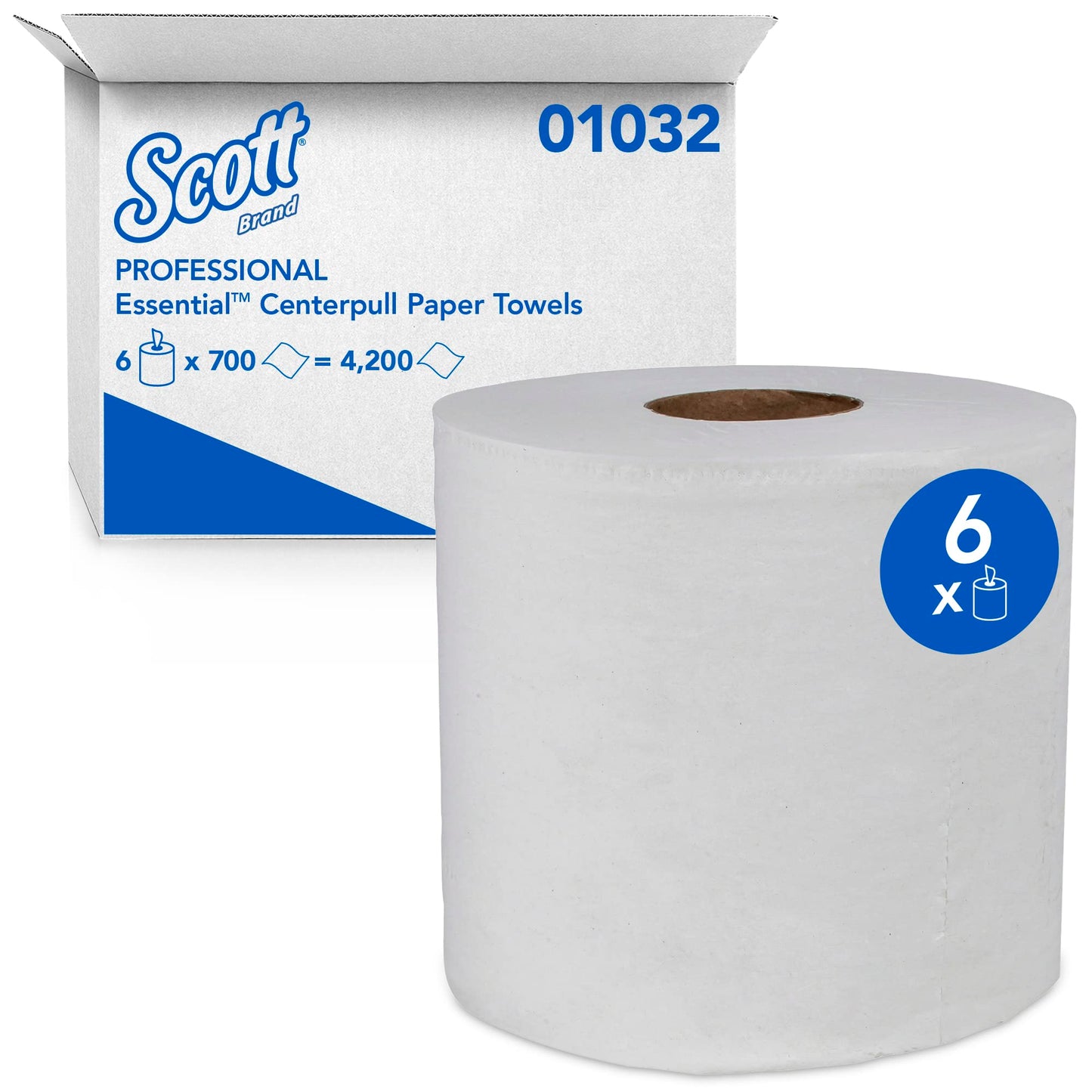 Scott Professional Essential Center-Pull Paper Towels, Bulk (01032), Fast-Drying Absorbency Pockets, White, Perforated (700 Sheets/Roll, 6 Rolls/Case