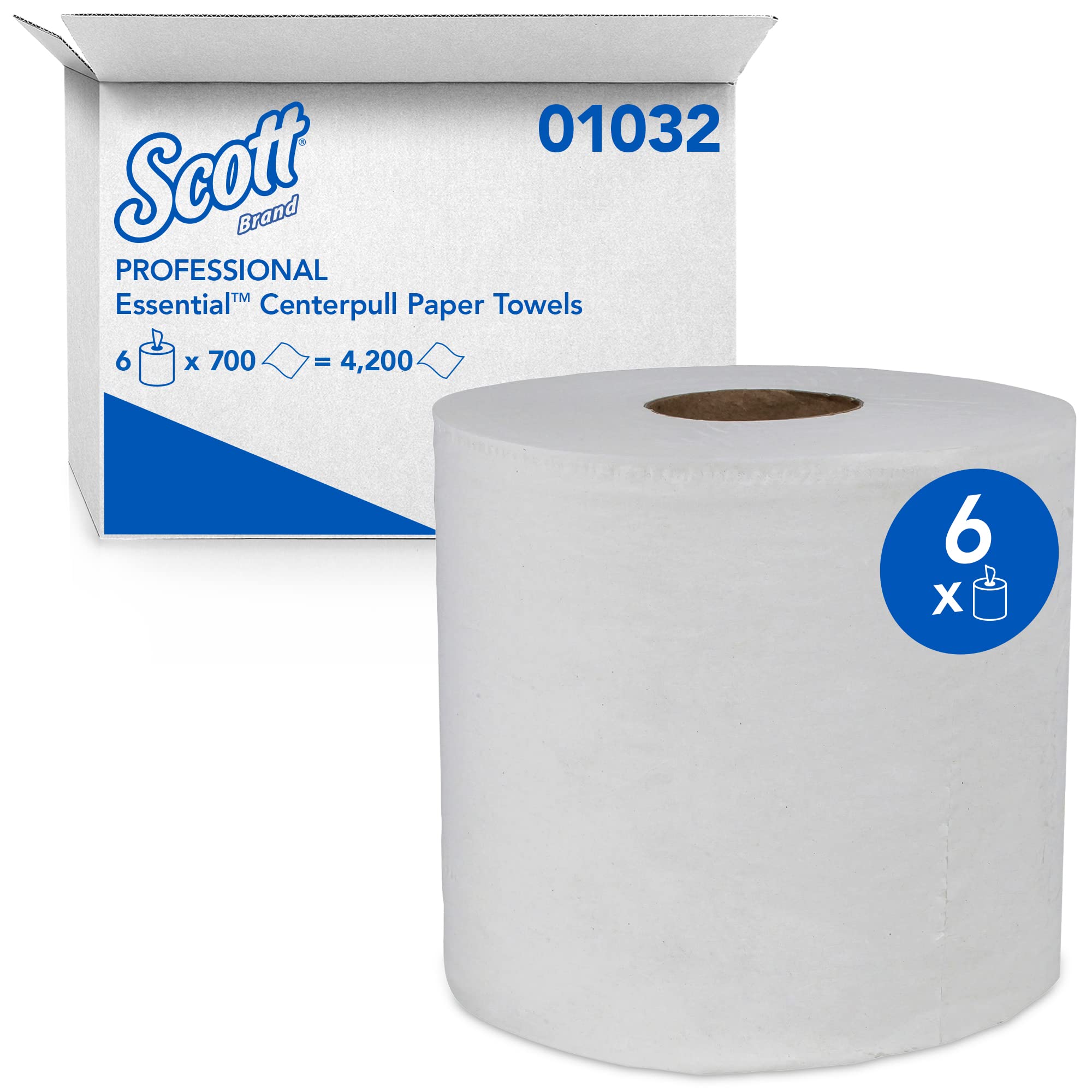 Scott Professional Essential Center-Pull Paper Towels, Bulk (01032), Fast-Drying Absorbency Pockets, White, Perforated (700 Sheets/Roll, 6 Rolls/Case