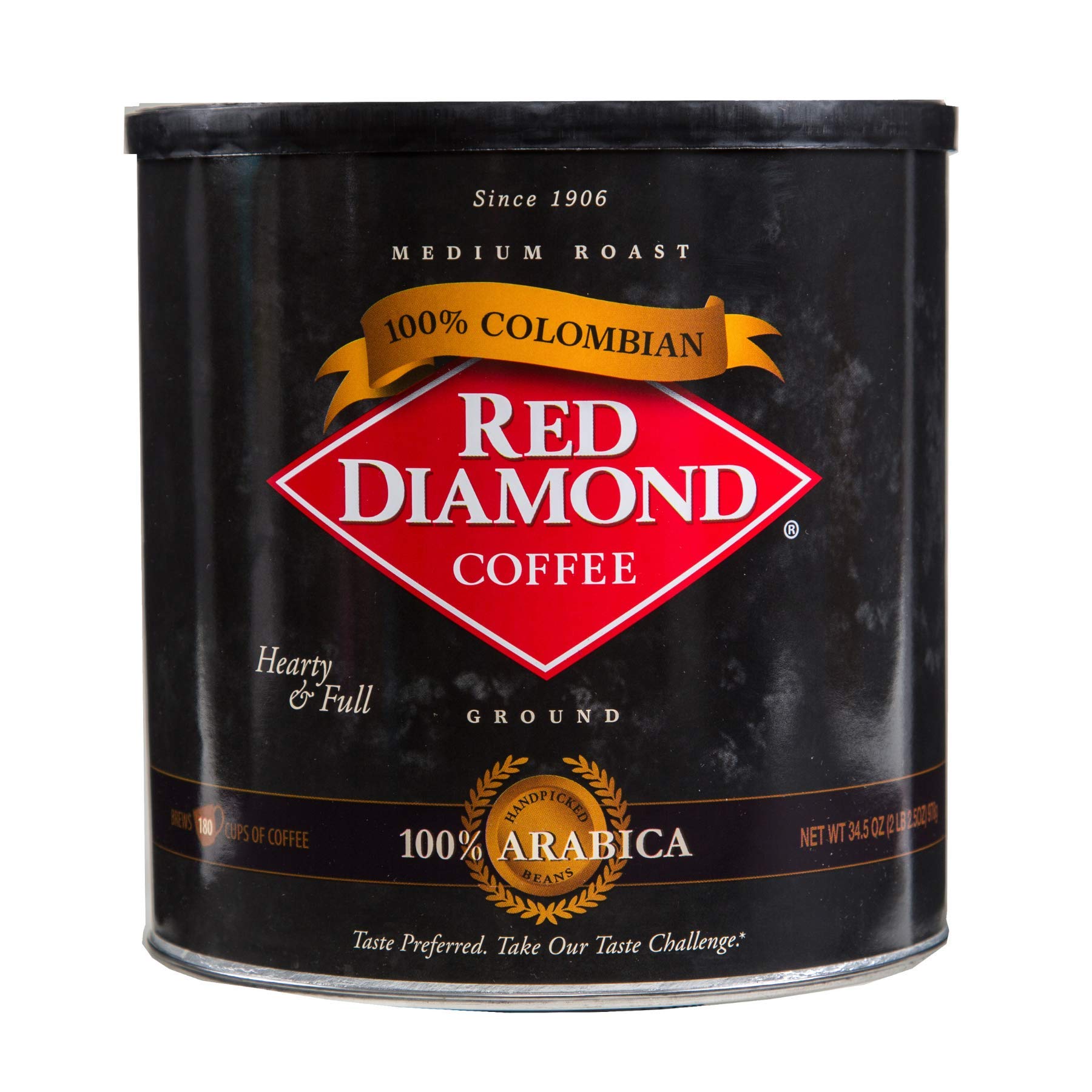 Red Diamond Ground Coffee, 100% Colombian, Medium Roast, Premium Arabica Beans, Hearty & Full Flavor, 34.5 Ounce Resealable Can