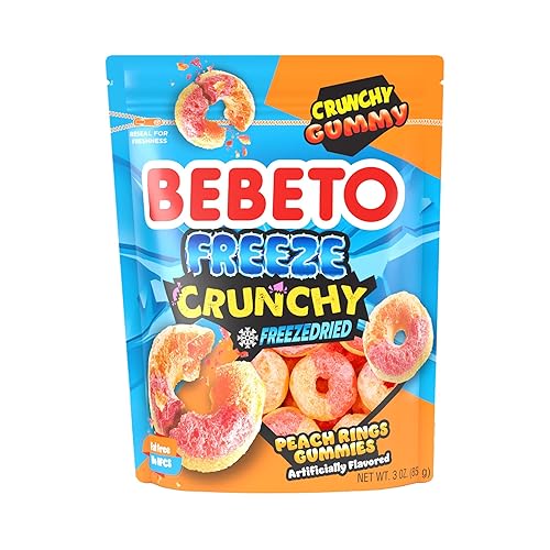 Bebeto Freeze Dried Crunchy Peach Rings - Sweet, Crunchy Fat Free & Peanut Free Freeze Dried Candy - No High Fructose Corn Syrup - Resealable Bag