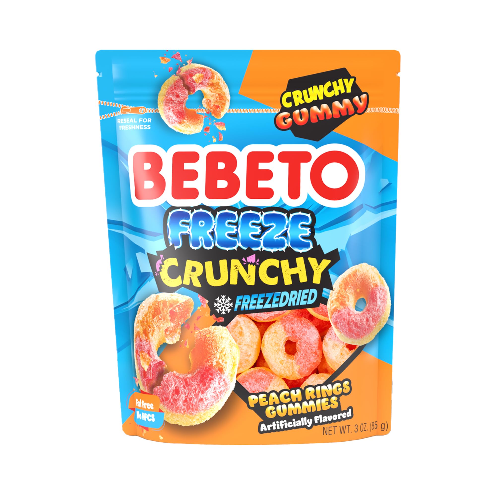 Bebeto Freeze Dried Crunchy Peach Rings - Sweet, Crunchy Fat Free & Peanut Free Freeze Dried Candy - No High Fructose Corn Syrup - Resealable Bag
