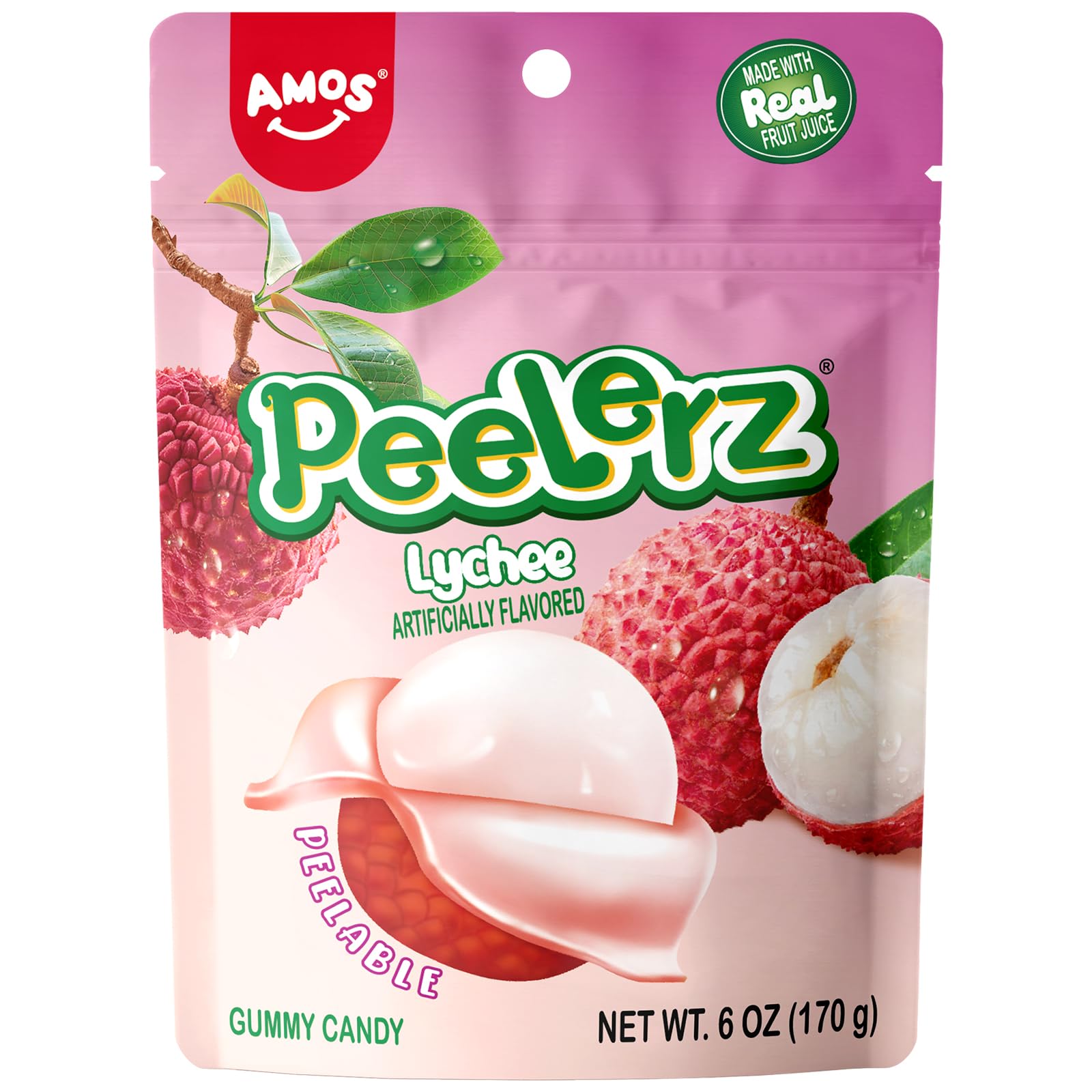 AMOS Peelerz Lychee Gummy Candy, Peelable Fruit-Shaped Candy | 6oz Resealable Pouch | Made with Real Fruit Juice, Fun & Chewy Snack for Holidays
