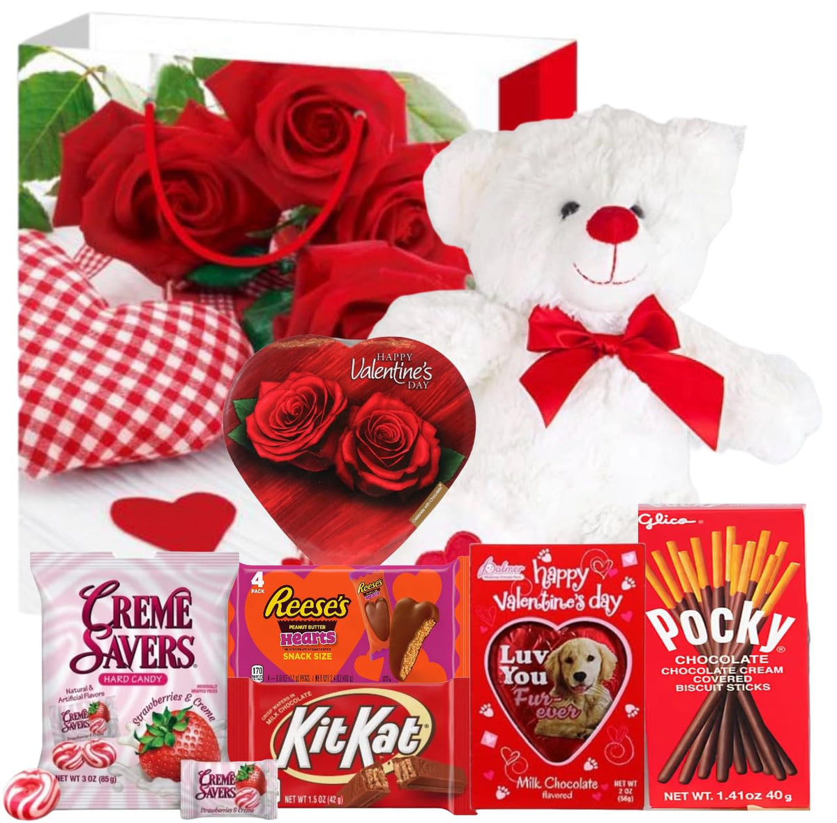 Valentines Day Gift Basket Set | Teddy Bear Plush (RED OR WHITE), Elmer Heart Chocolate, Milk Chocolate Bar, Kit Kat Chocolate Bar, Glico Pocky