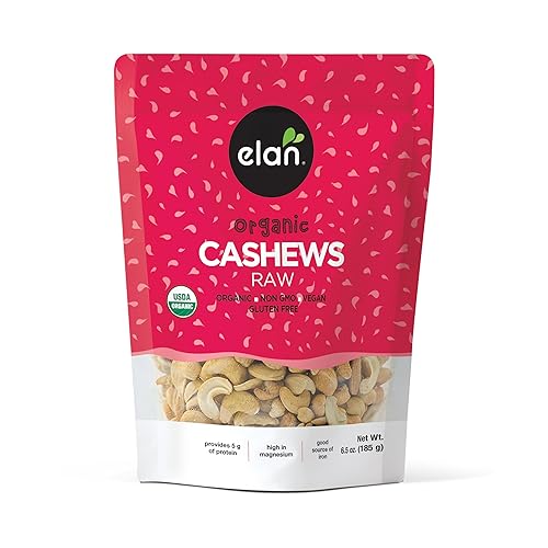 Elan Organic Raw Cashews 6.5 oz, Unroasted, Unsalted, Non-GMO, Vegan, Gluten-Free, Kosher, Raw Nuts, Healthy Snack