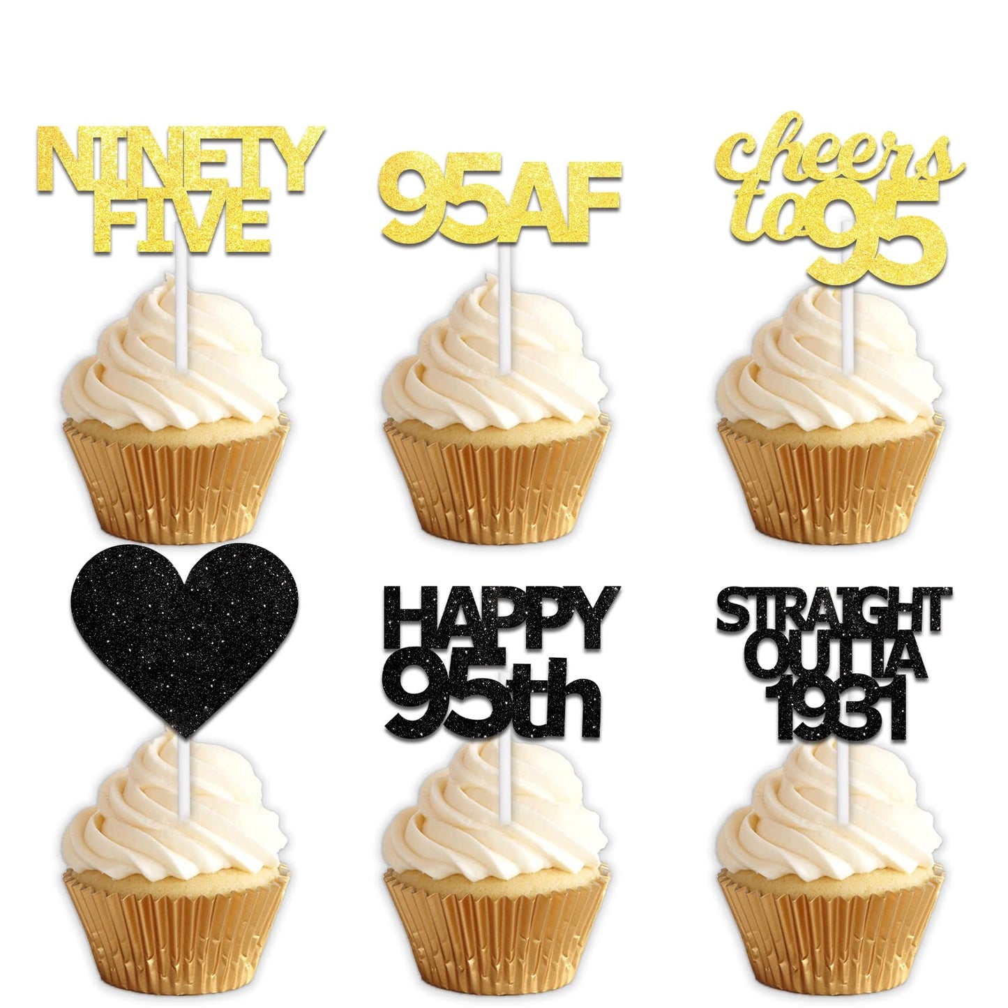 18pcs Black Gold Glitter Dessert Cupcake Pick for Straight Outta 1931 Cheer to 95 Years Old Theme Decor Supplies Happy 95th Birthday Party Decoration
