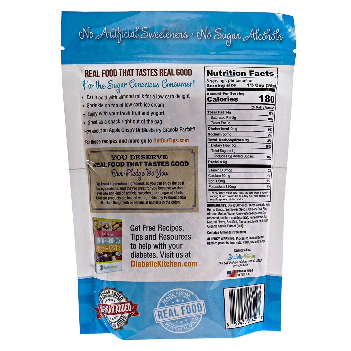 Diabetic Kitchen Almond Butter Granola Cereal - Low Carb Snacks & Breakfast Food w/No Added Sugar - Keto Friendly, 4 Net Carbs, Gluten-Free & Non-GMO