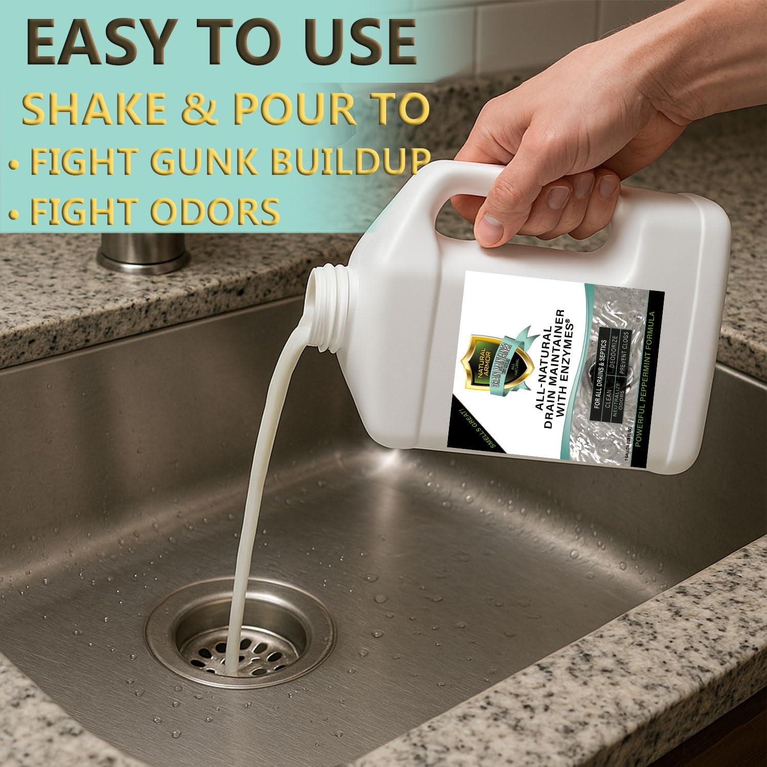 Natural Armor Enzyme Drain Maintainer - Quart Drain Cleaner with Natural Enzyme Power to Prevent Buildup & Odors - Safe for Sinks, Showers, Grease