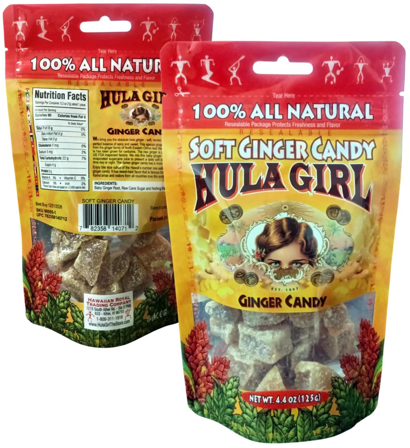 Hula Girl Crystalized Soft Ginger Candy (White Chunk 4.4oz/0.27lb/125g (1bag))