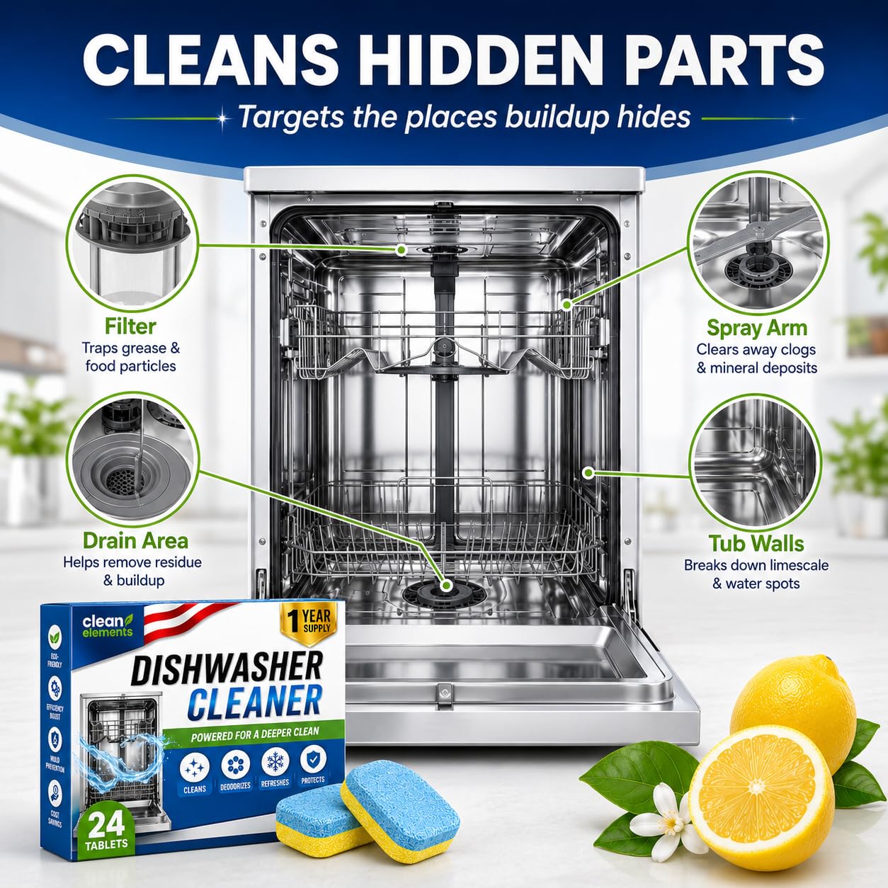 Dishwasher Cleaner Deodorizer Tablets, 24 Pack Dishwasher Cleaning Tablets Descaler Pods for Limescale, Calcium & Hard Water Stains, Lemon Dishwasher