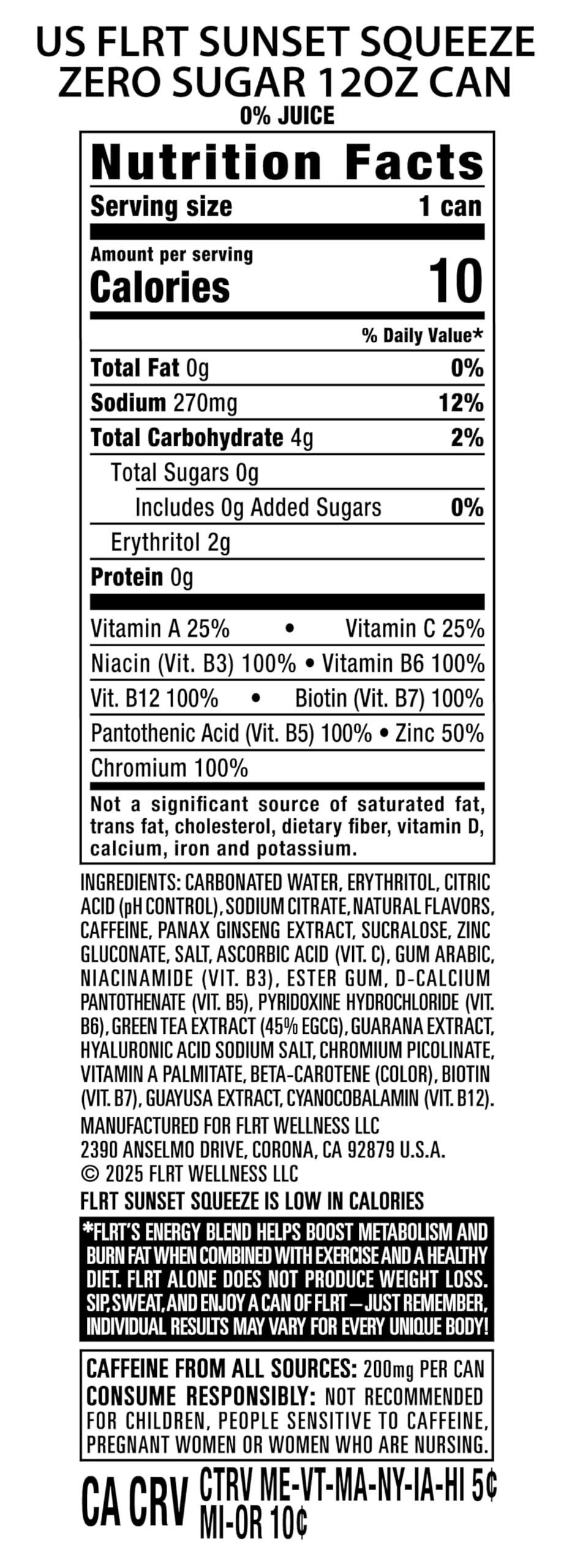 FLRT Energy, Sunset Squeeze, Clean Energy, Energy Drink, 12 Fl Oz (Pack of 12)