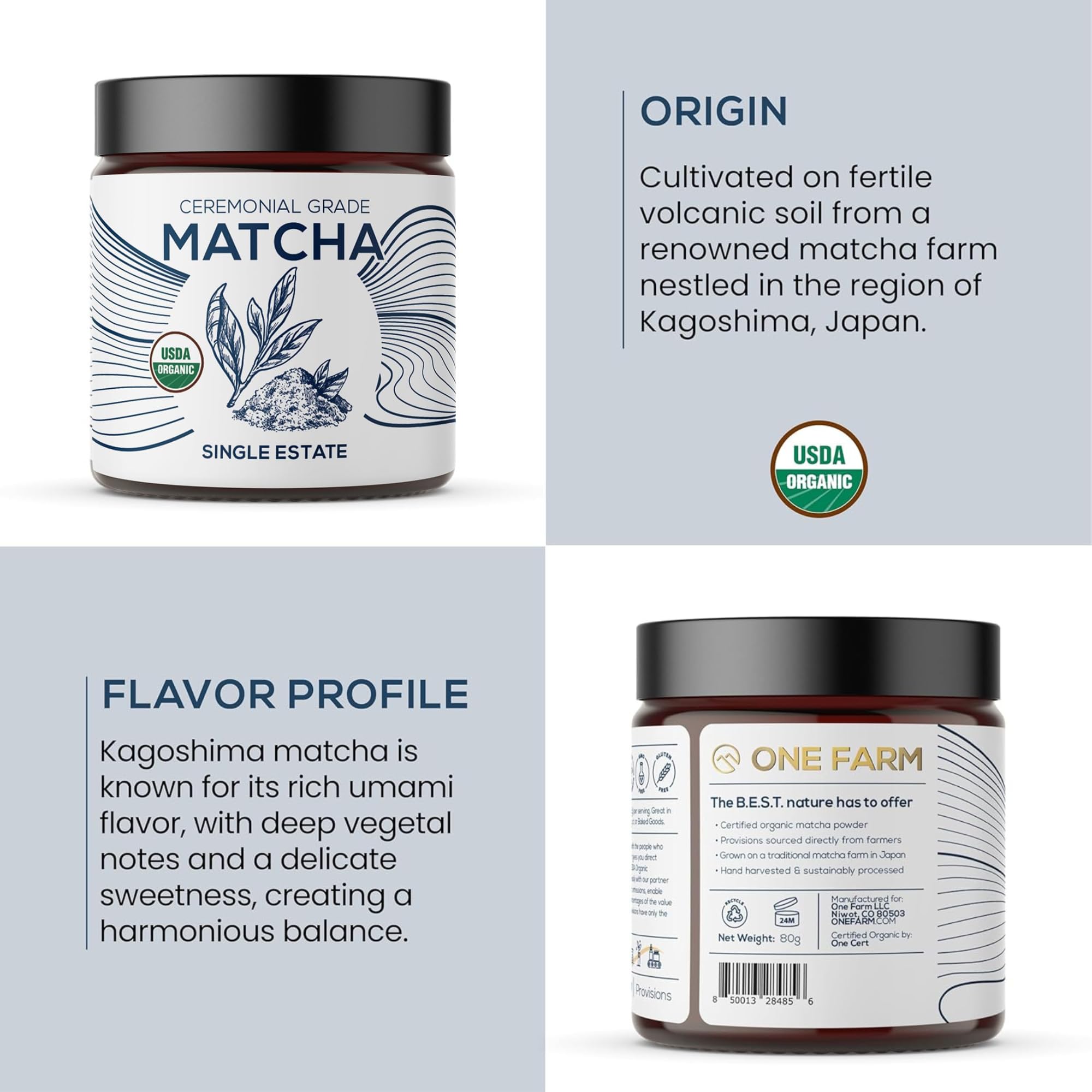 One Farm by WAAYB Organic Ceremonial Matcha Powder, 20 Servings, Single Estate Green Tea Powder, Non-GMO, Fair-Trade, Vegan, Gluten Free, Clean Energy