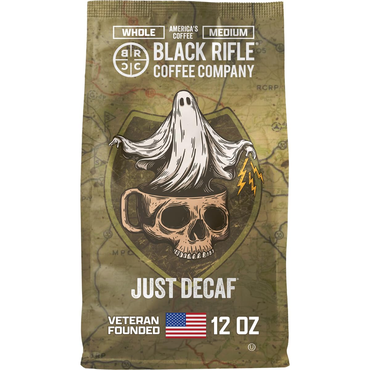 Black Rifle Coffee Company Just Decaf, 12oz Bag, Whole Bean Medium Roast - Roasted Blend Made from Arabica Beans - Colombian & Brazilian Beans