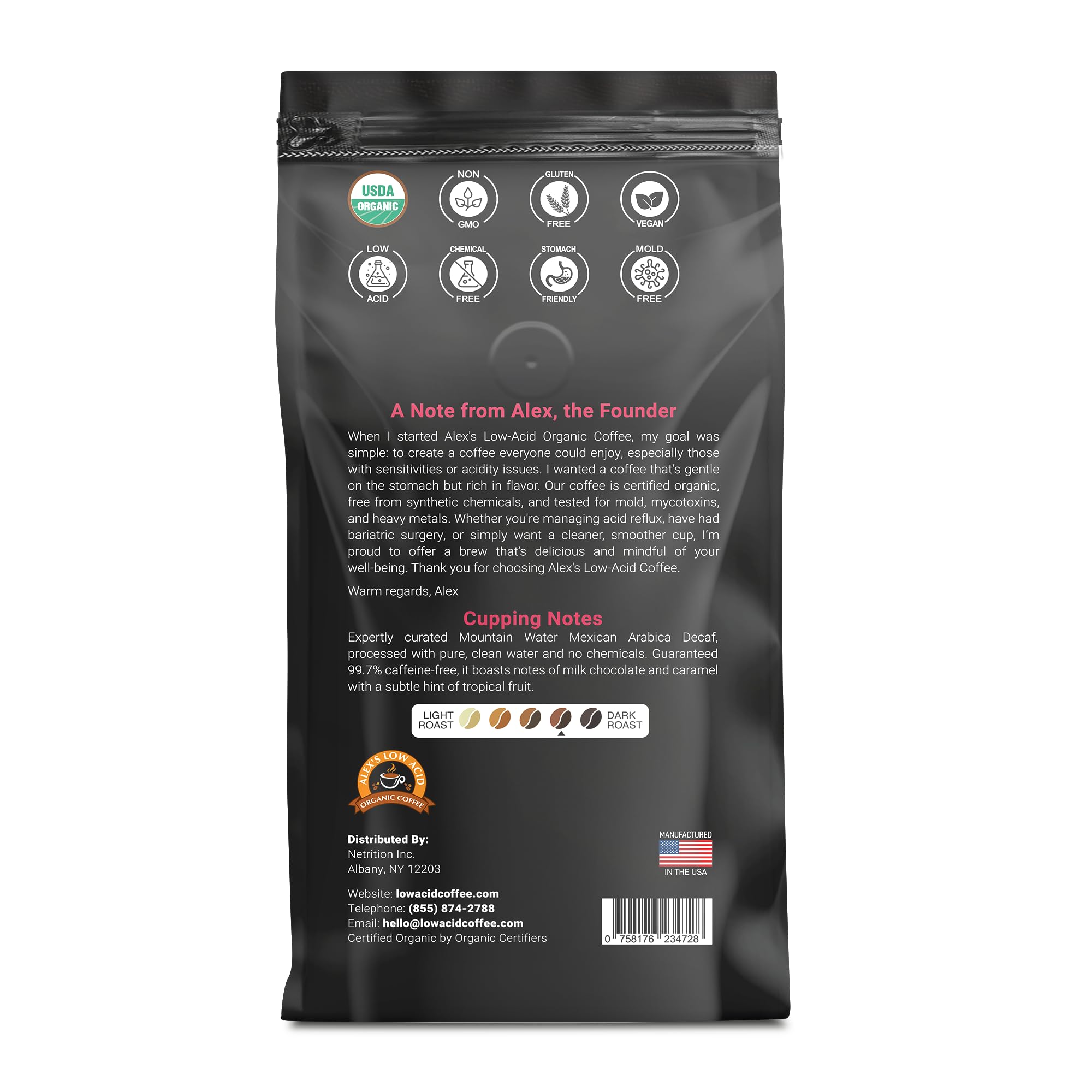 Alex's Low Acid Organic Coffee 12oz Bag - Whole Bean Decaf (Pack of 1)